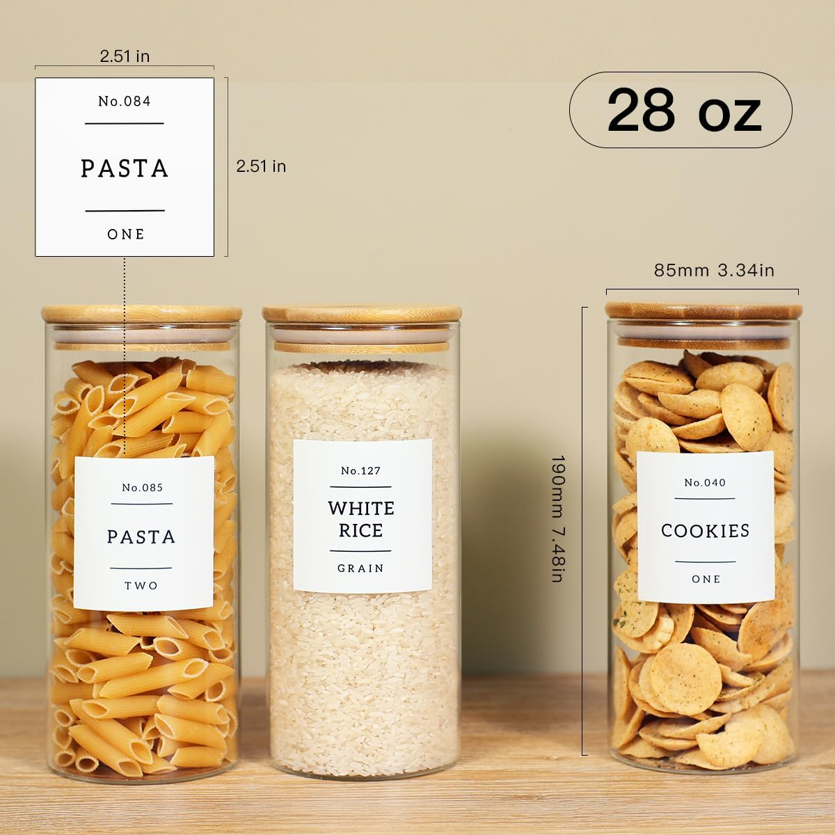 CZZGSM 6 Pack Glass Jar with Airtight Bamboo Lid and White 132 Kichen Pantry Labels Preprinted - 28 Oz Clear round Glass Food Storage Containers Set for Tea Coffee Bean Cookie image number 1