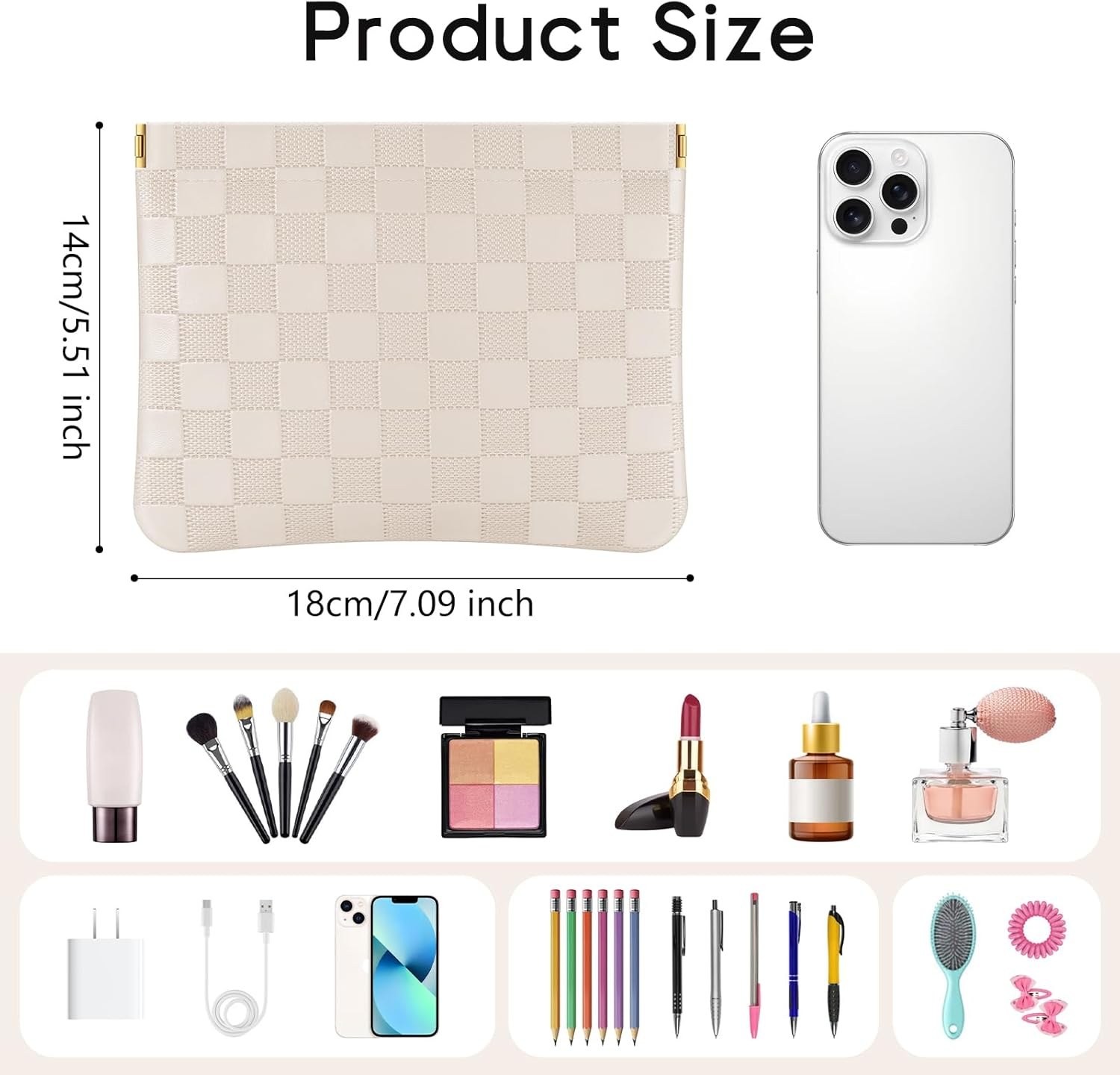 Sightor 2PCS Pocket Cosmetic Bag for Purse, Checkered Makeup Bag Portable Leather Cosmetic Bag for Women, Coin Purse Lipstick Cosmetic Accessories Organizer Travel Cosmetic Pouch, Black, Beige, L, - Black, White image number 7