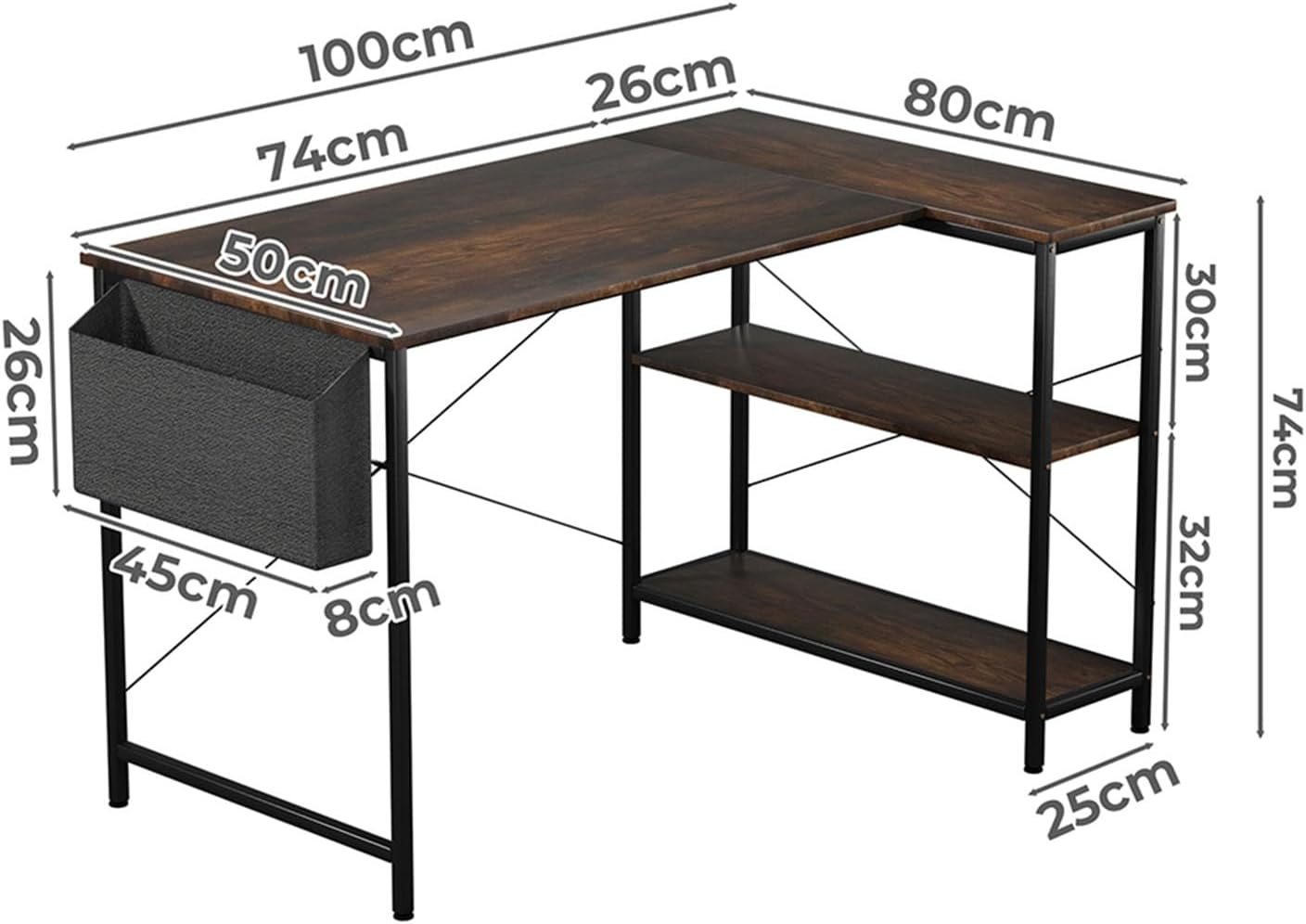 Levede Corner Desk with Storage Shelves, Industrial L-Shaped Gaming Computer Desk with Side Bags for Small Space, Modern Simple Writing Table for Home Office Desk(100Cm X 80Cm X 75Cm, Brown) image number 4