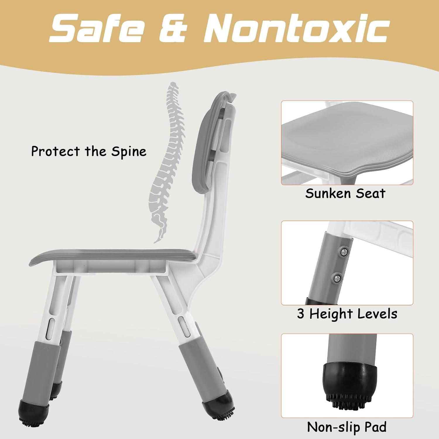 Adjustable Kids Table and 2 Chairs Set, 7-Level Height Table for Kids, Plastic Toddler Desk and Chair Set Ages 2-8, Art Table with 2 Seats, Ergonomic Backrest, Graffiti Surface, Gray, 60 X 80Cm image number 4