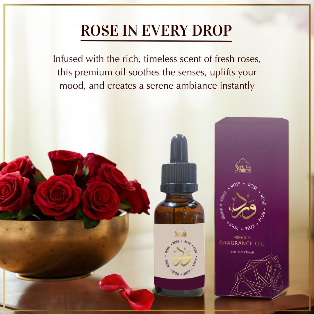 Dukhni Rose Fragrance Oil | 30Ml Floral Diffuser Oil for Diffuser & Humidifier | Relaxing Rose Essential Oil for Home Aromatherapy & Room Fragrance | Long-Lasting Aroma, Alcohol -Free image number 1