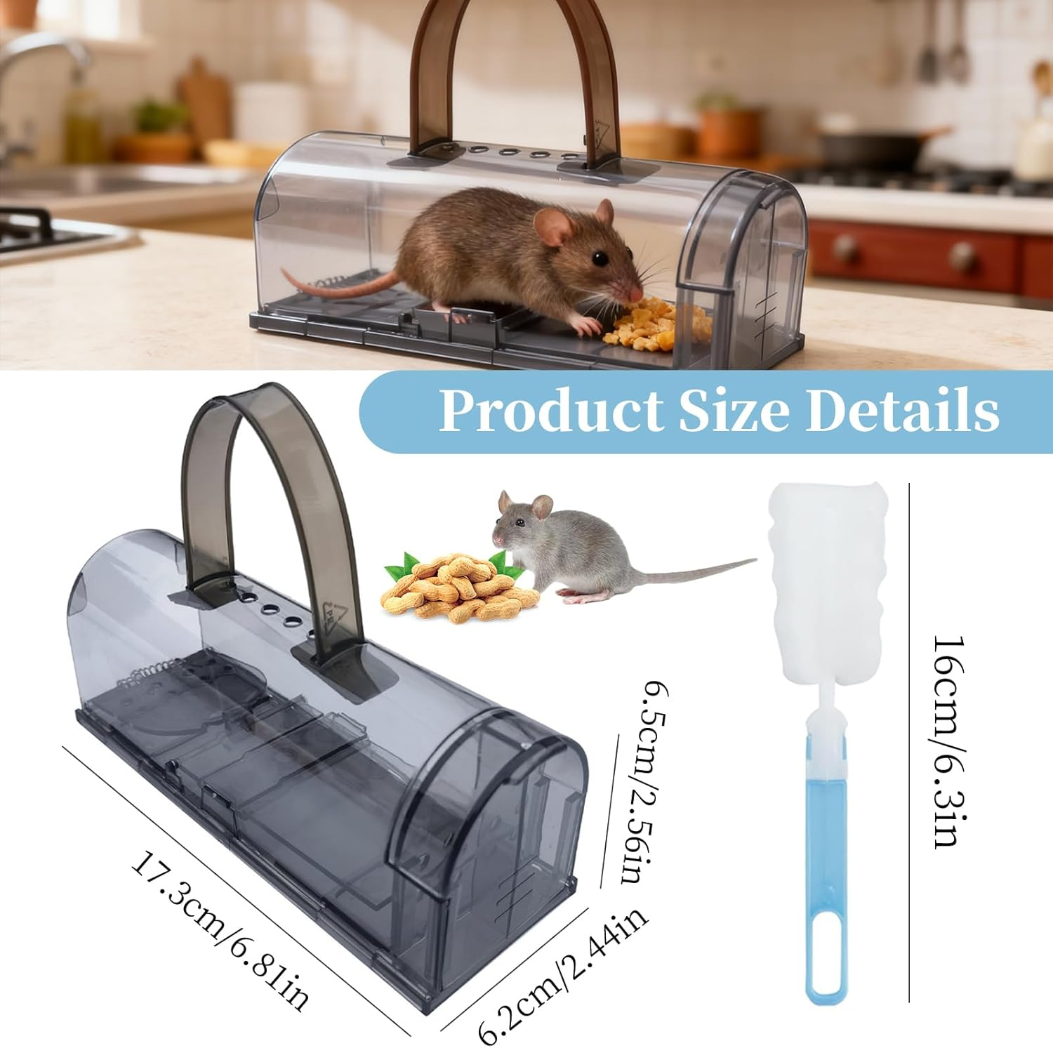 4Pack Humane Mouse Trap Cage with Handle & Cleaning Brush - Safe Effective No-Kill Live Mouse Traps for Indoor & Outdoor Use - Durable Reusable Rodent Catcher for Home, Garage Easy Set Release (Blue) image number 2