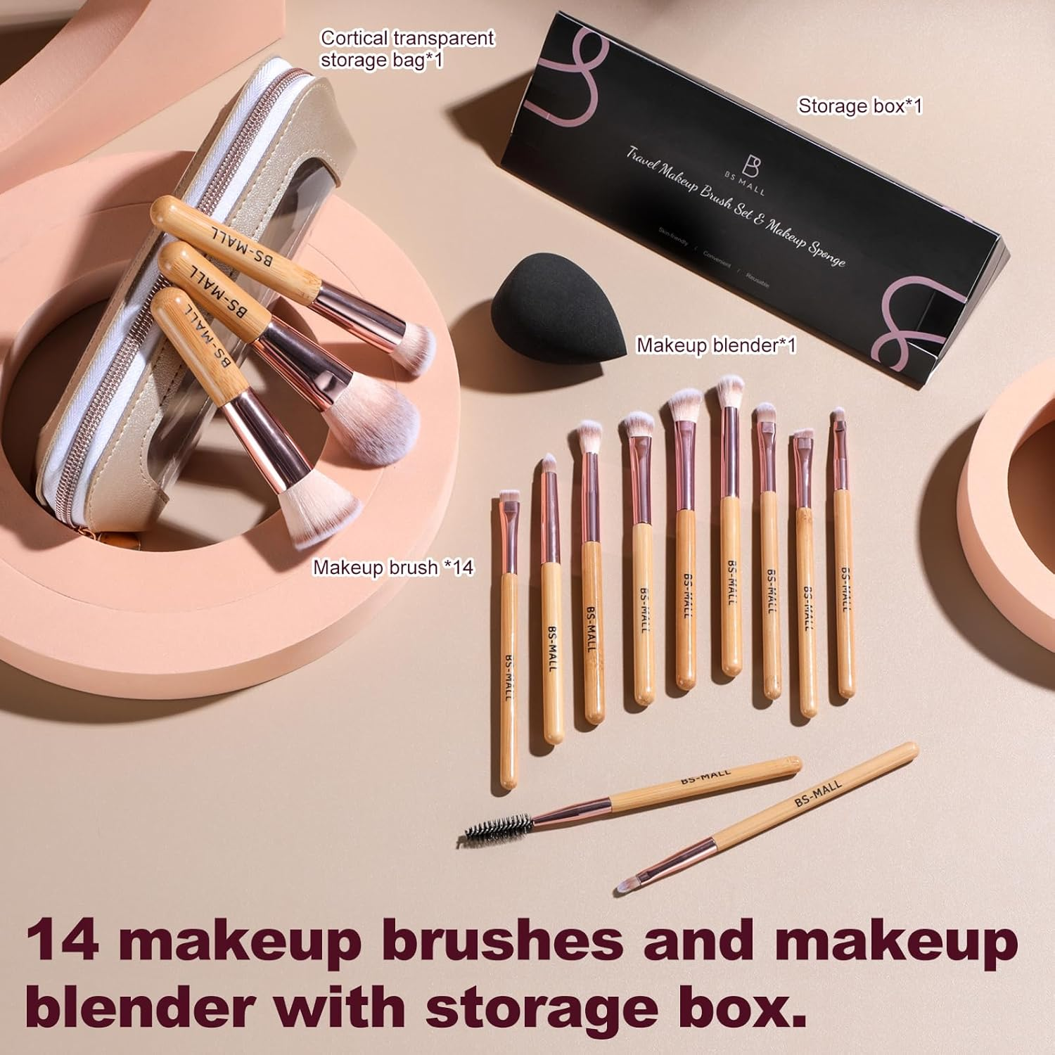 BS-MALL 14 Pcs Makeup Brushes Set with 1 Pcs Makeup Sponge &ndash; Essential Foundation Powder Concealers, Eye Shadows, Blush Makeup Brushes with Travel Makeup Case (Bamboo) - Beige image number 2