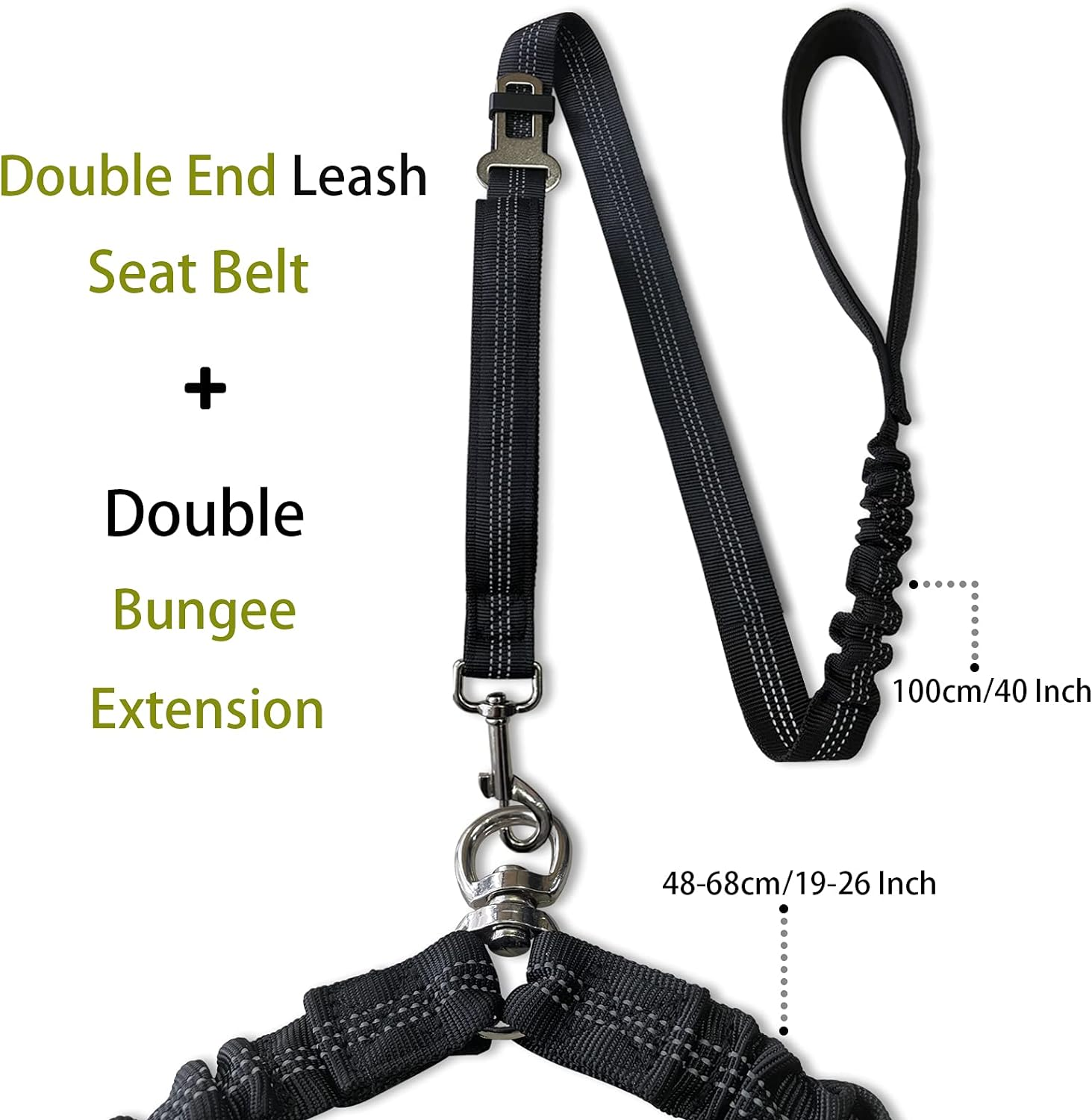 Kelivi Double Dog Lead, Dual Lead for Dogs No Tangle with Two Padded Handle & Car Seat Belt Buckle, 360&deg; Swivel Heavy Reflective Adjustable Bungee Double Dog Leash for Walking Medium Large Dog (Black) image number 2