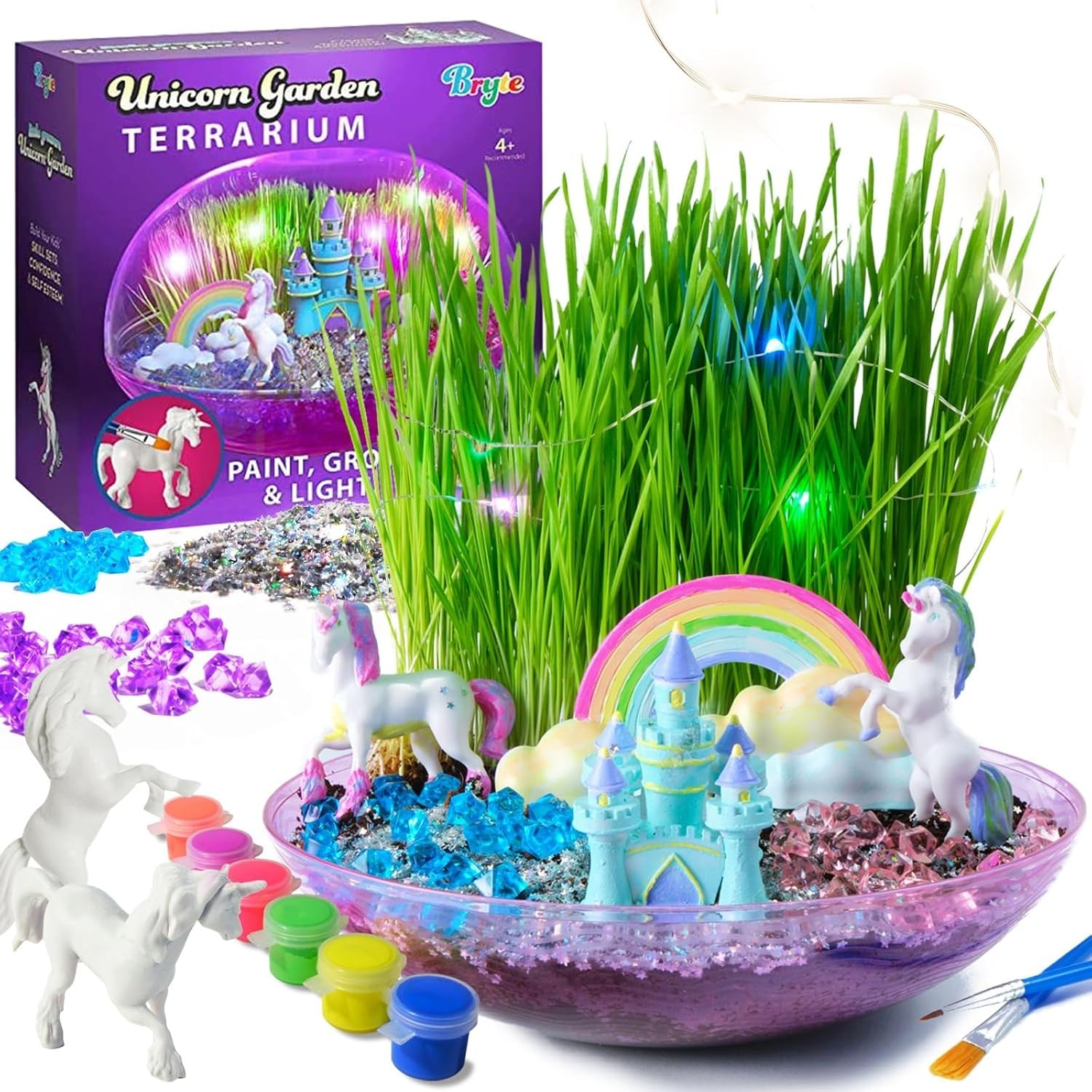 BRYTE Light up Unicorn Terrarium Kit - Blue & Pink round Plastic Dome, Ages 4-12 - Fairy Garden Kids Kit with Seeds & Terrarium Rock image number 3