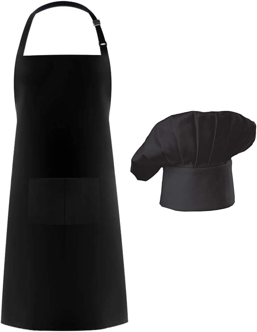 Hyzrz Chef Apron Hat Set, Chef Hat and Kitchen Adult Adjustable Baker Costume Apron for Men and Women Father'S Gift