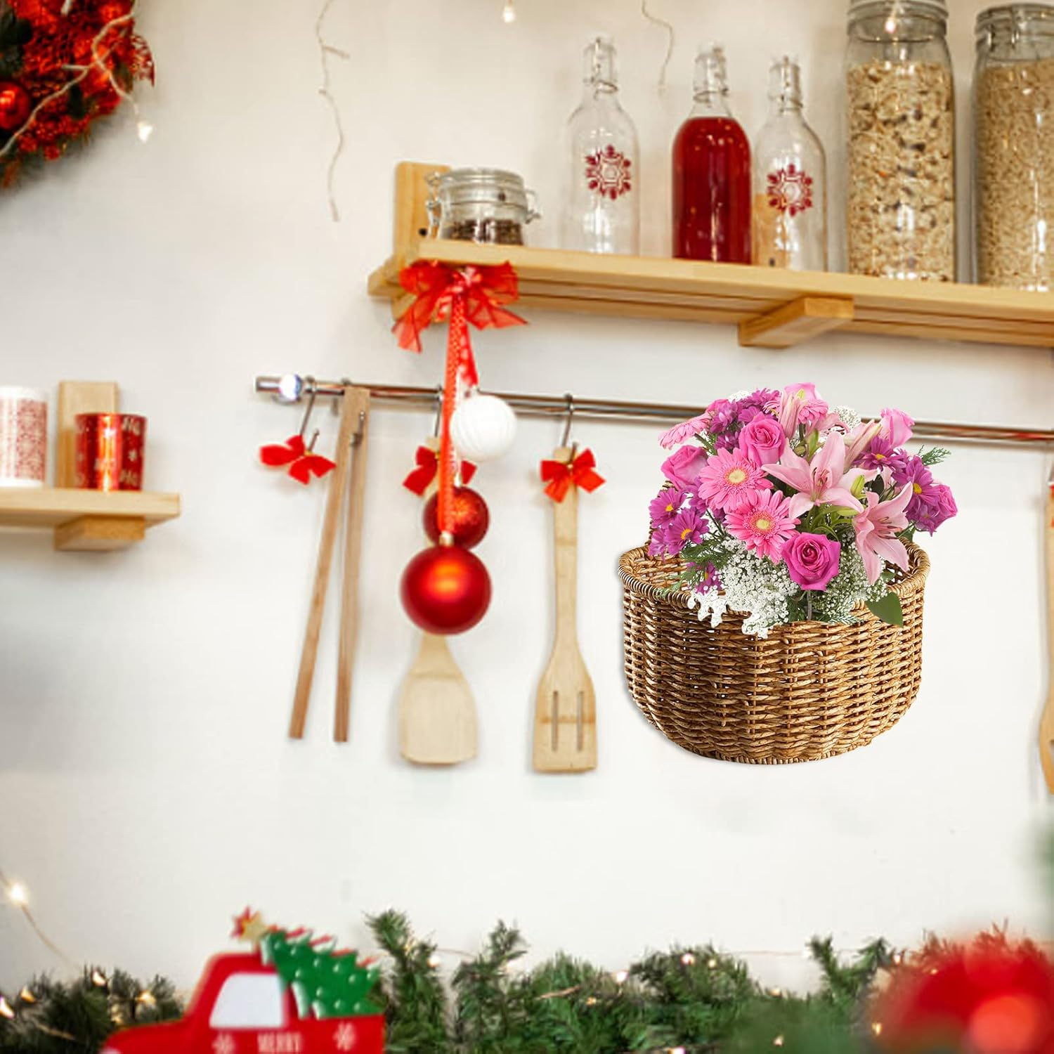 JMEDIC Wall Hangings Wicker Basket, Hanging Small Woven Storage Basket with Handle, Shelf Basket Organizer for Flower Plants image number 2