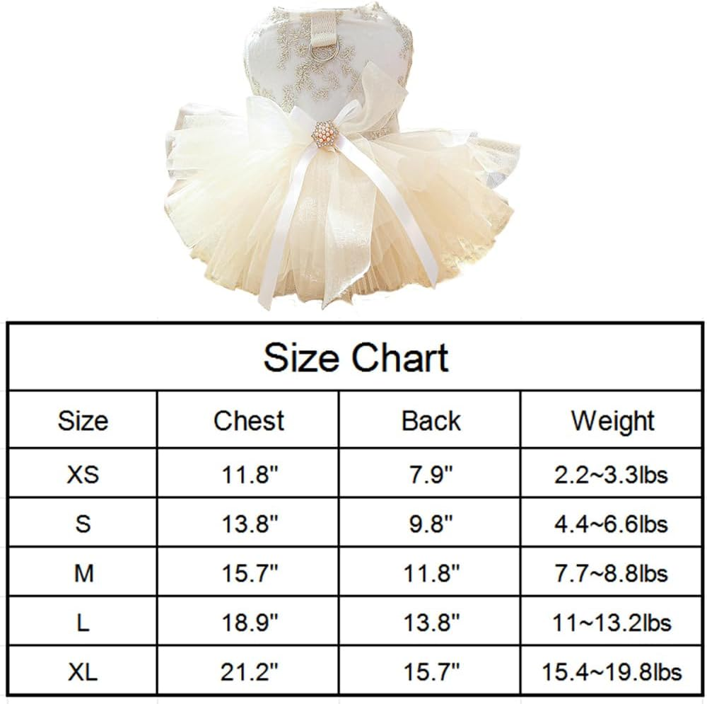 Champagne Dog Dresses for Small Dogs Girl with Leash Ring & Bow Decor,Luxury Dog Wedding Dress with Multi-Layer Princess Tutu Skirt, Embroidered Cat Flower Dress(Large) image number 5