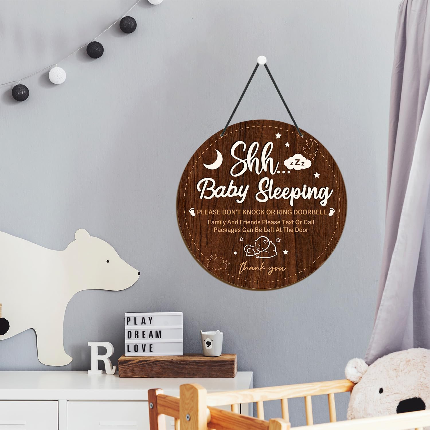 Baby Sleeping Sign for Front Door - Shejdgart Please Do Not Knock or Ring Doorbell Sign Shhh Baby Sleeping Door Hanger Wooden No Soliciting Doors Signs for Nursery Home Bedroom School Decor image number 2