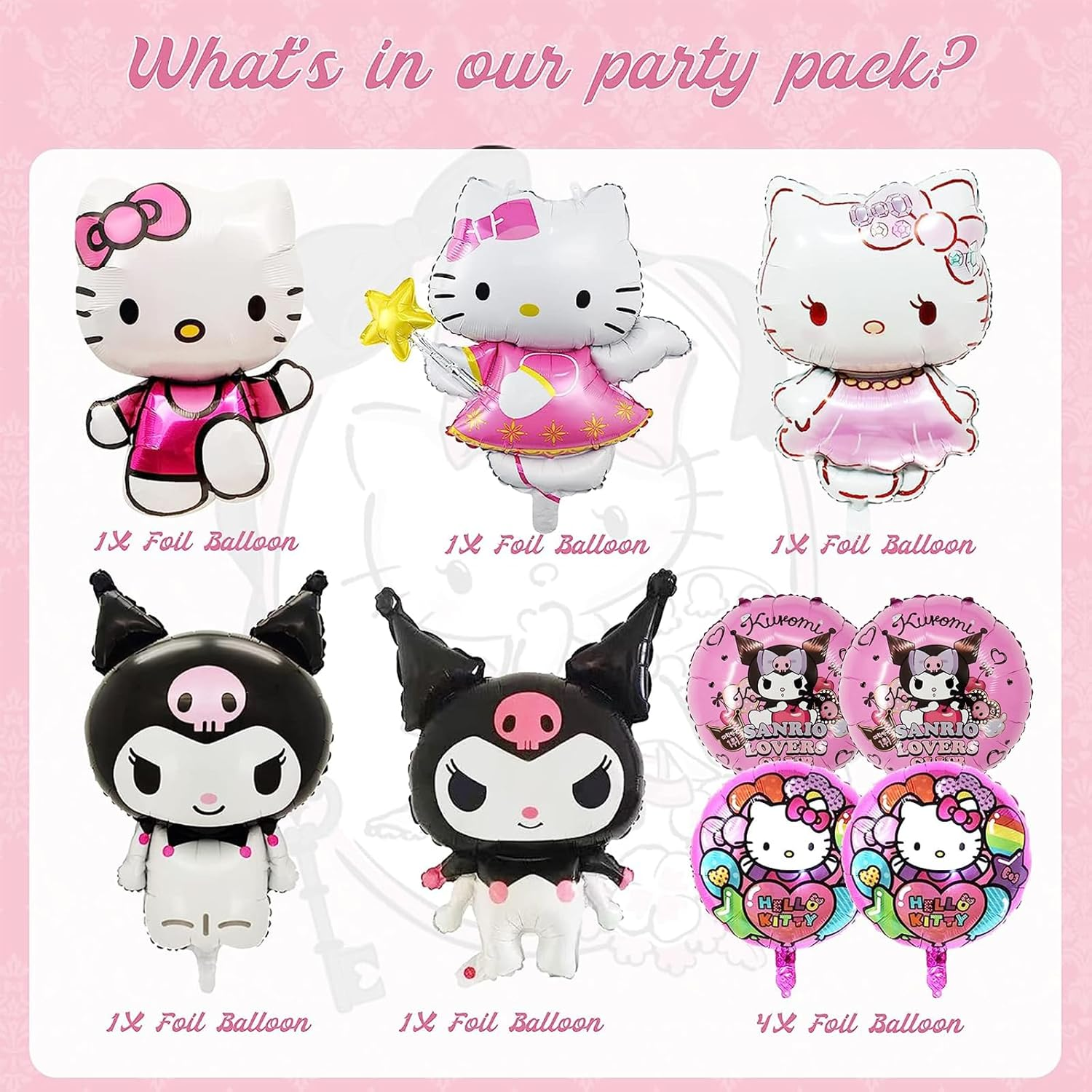 Niumowang Kuromi Hello Kitty Birthday Decoration Foil Balloon Set, 9 Pieces, Pink, Foil Balloon Set, Balloons, Balloon Set, Anime, Birthday, Christmas, Children, Kids image number 2