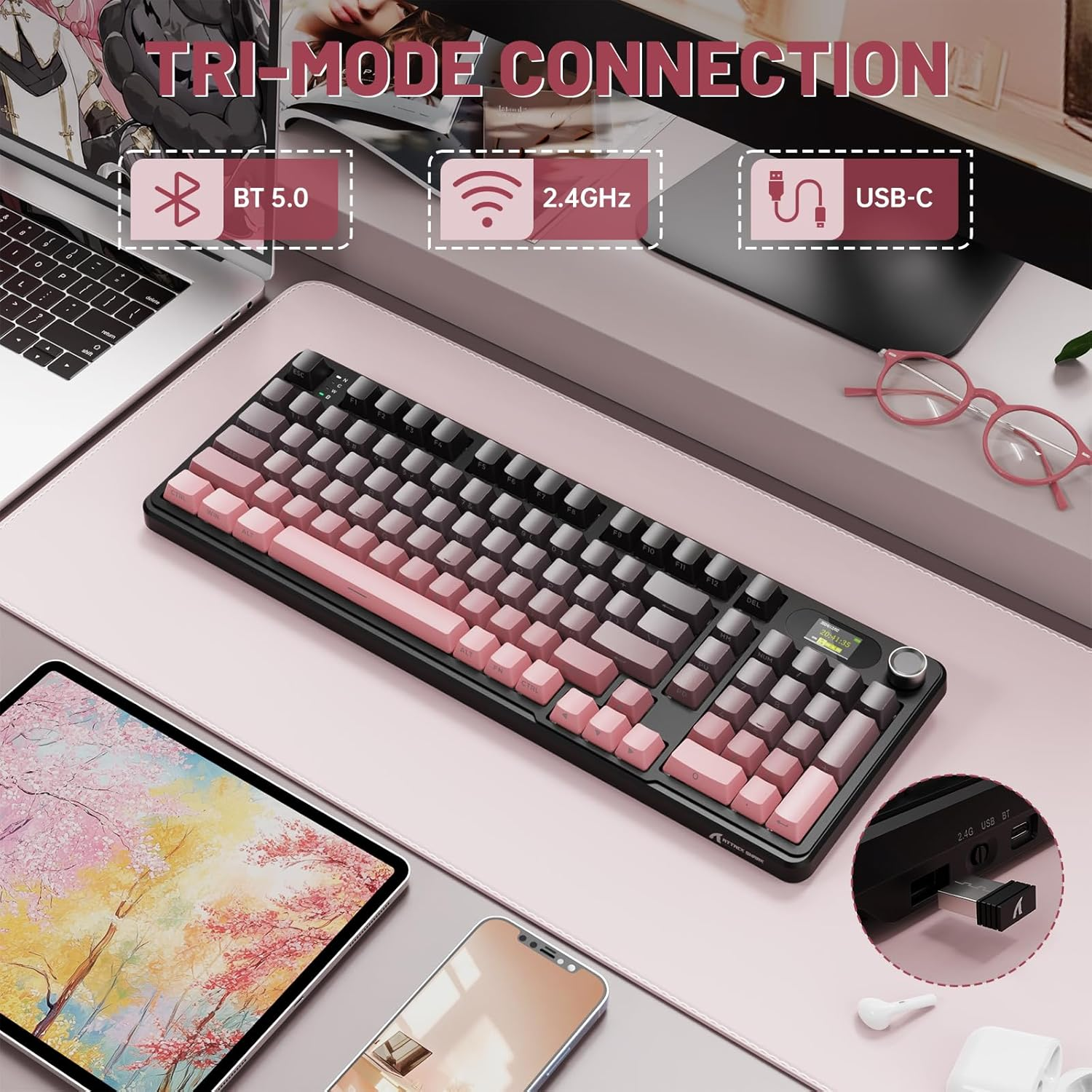 MAMBASNAKE &times; ATTACKSHARK X98 Wireless Mechanical Keyboard, LED Display & Button, BT/2.4G/USB-C Tri-Mode Joint RGB Gaming Keyboard, Pre-Lubricated Linear Switches - Gradient Pink image number 2