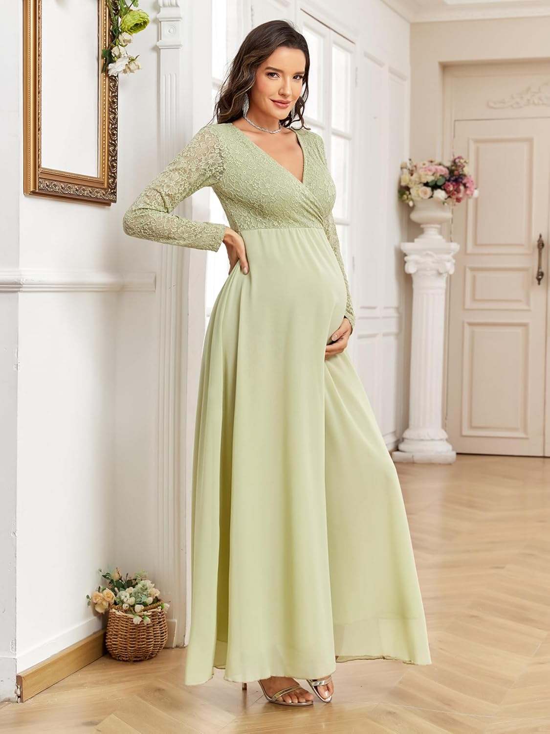 CYCLAMEN Maternity Dress Flowy A-Line Wrap Gown with Floral Lace and Contrast Chiffon Long Sleeve V Neck for Baby Shower image number 7