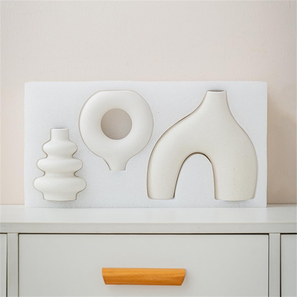 White Ceramic Vase Set of 3,Minimalist Nordic,Whiter Ceramic Hollow Donut Vase Decor,Modern Boho Vases for Decor,Round White Vases Centerpieces for Living Room Bedroom Coffee Table Dinner Table image number 2