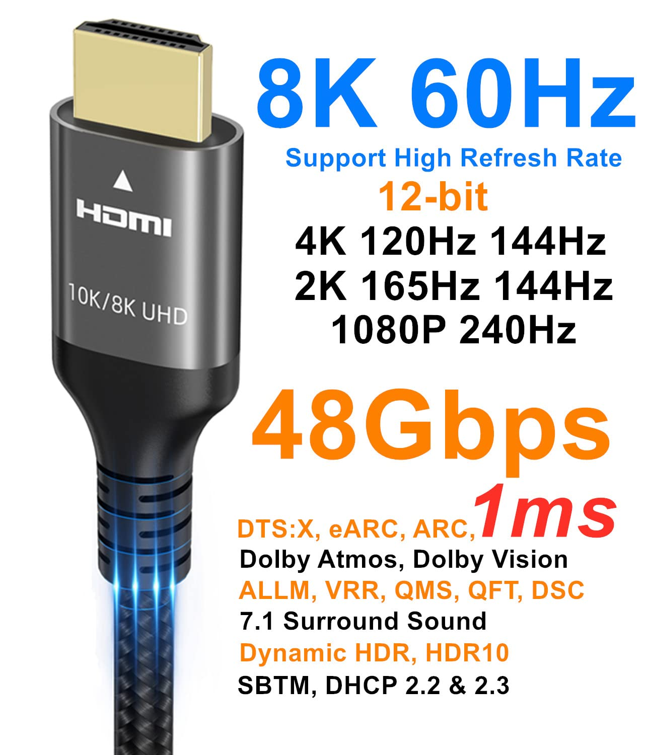 10K 8K 4K HDMI Cable 48Gbps 6.1M, Certified Ultra High Speed HDMI&reg; Cable 4K 240Hz 144Hz 120Hz 8K 60Hz 0.01Ms HDR10+ ARC Earc HDCP2.3 Netflix Roku TV PC Monitor Projector PS5 Xbox image number 6