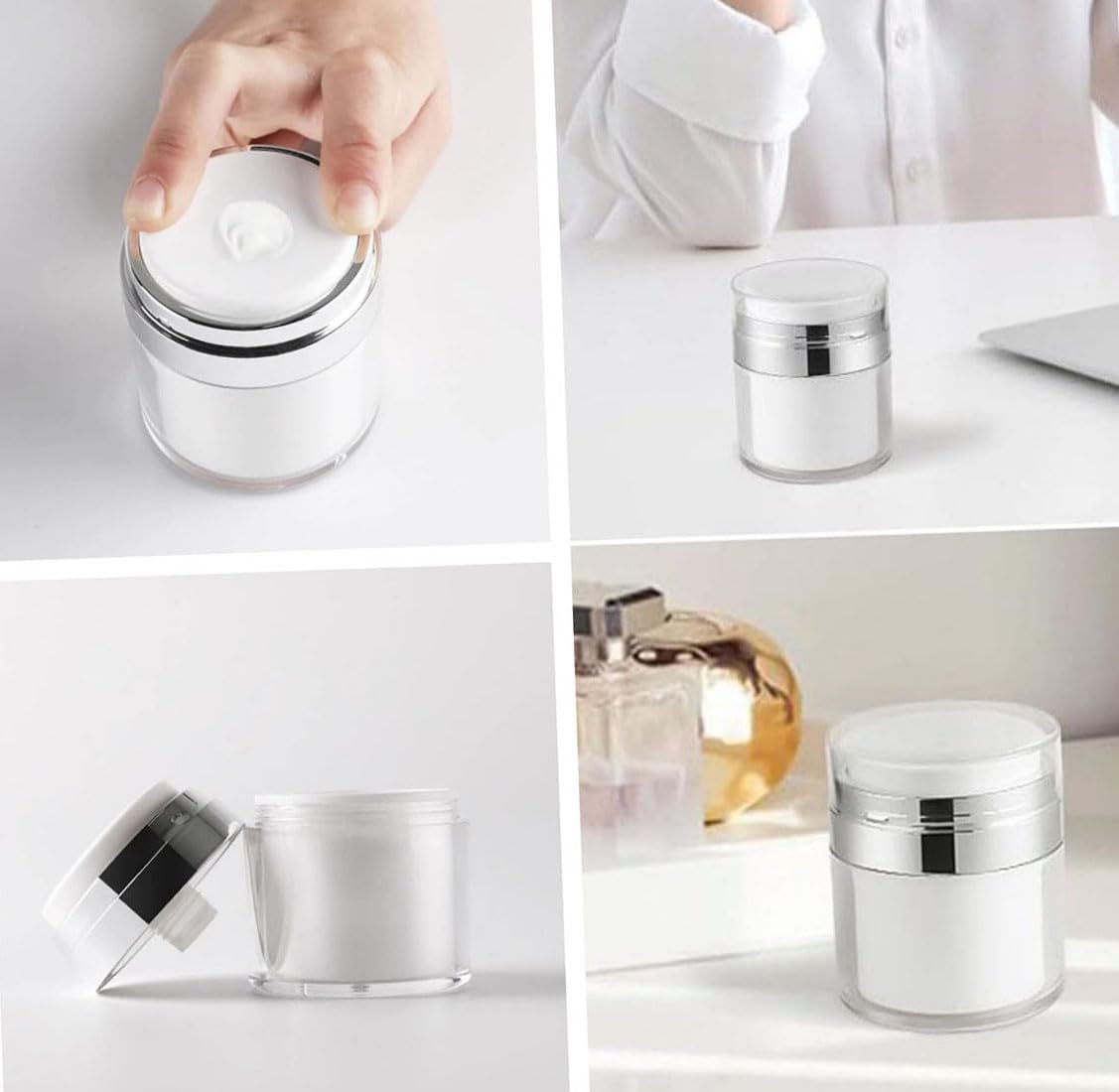 30 G Refillable Vacuum Bottle Dispenser for Lotions and Creams - Empty Cosmetic Container with Lid, Portable Travel Jar Set of 4 image number 5