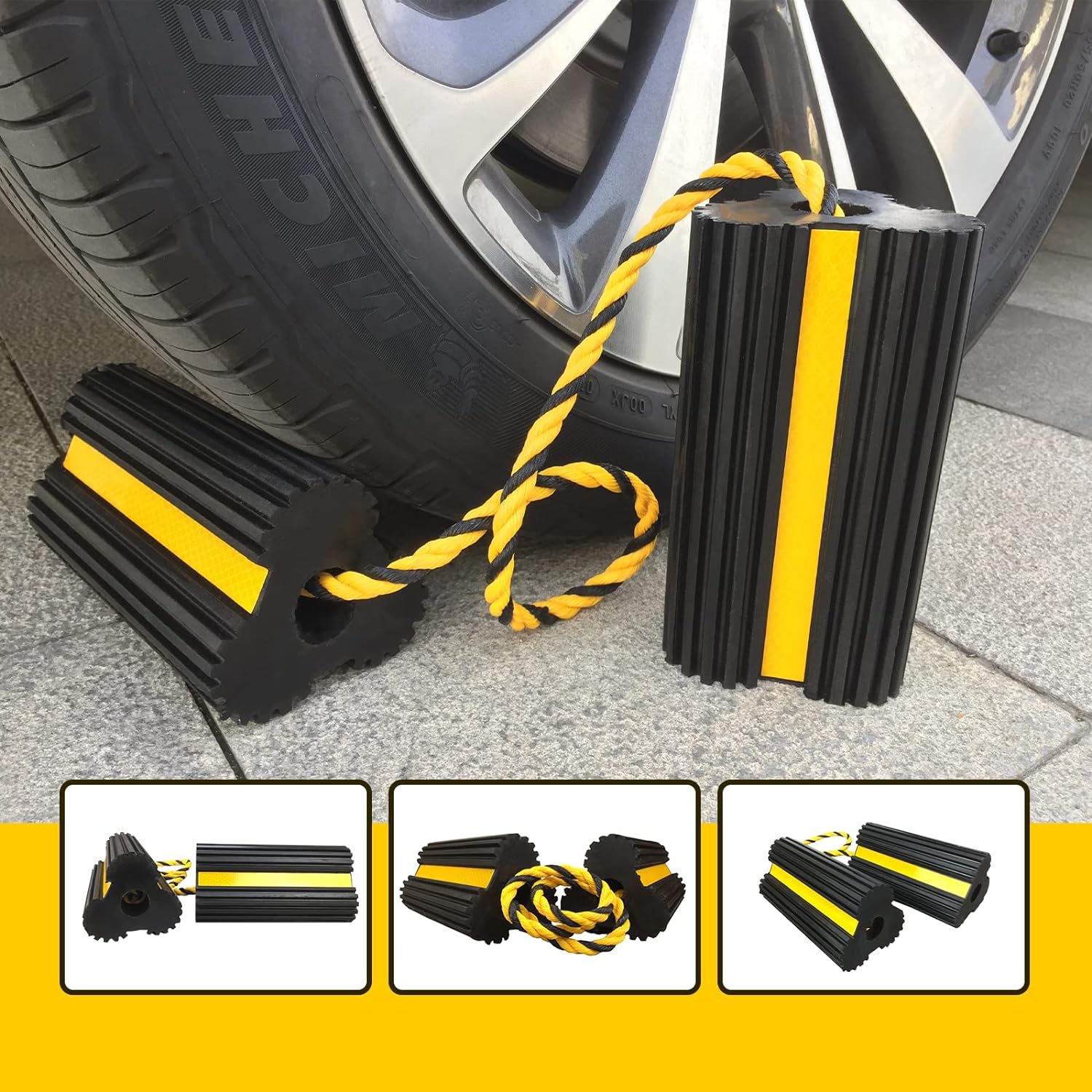 Heavy Duty Rubber Dual Wheel Chocks Front and Back, RV Leveling Blocks Non Slip Base with Nylon Rope Yellow Reflective Tape for Travel Trailers, Car, Camper, Truck 1 Pair image number 5