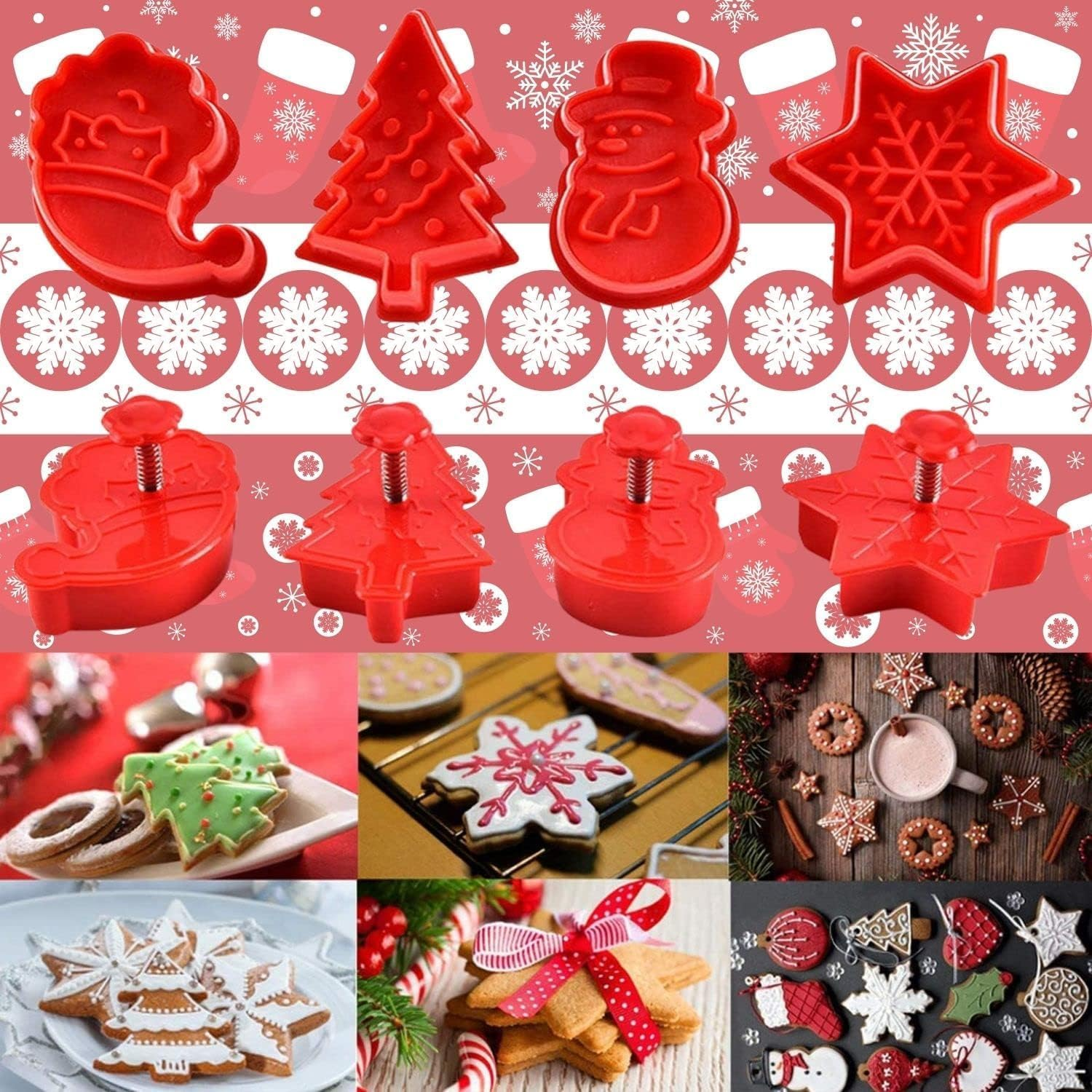 Christmas Themed Cookie Cutter Set - 4 Pieces Plastic Spring Die Biscuits Pastry Cutters 3D Cookie Cake Plunger Cutter Baking Mould image number 3