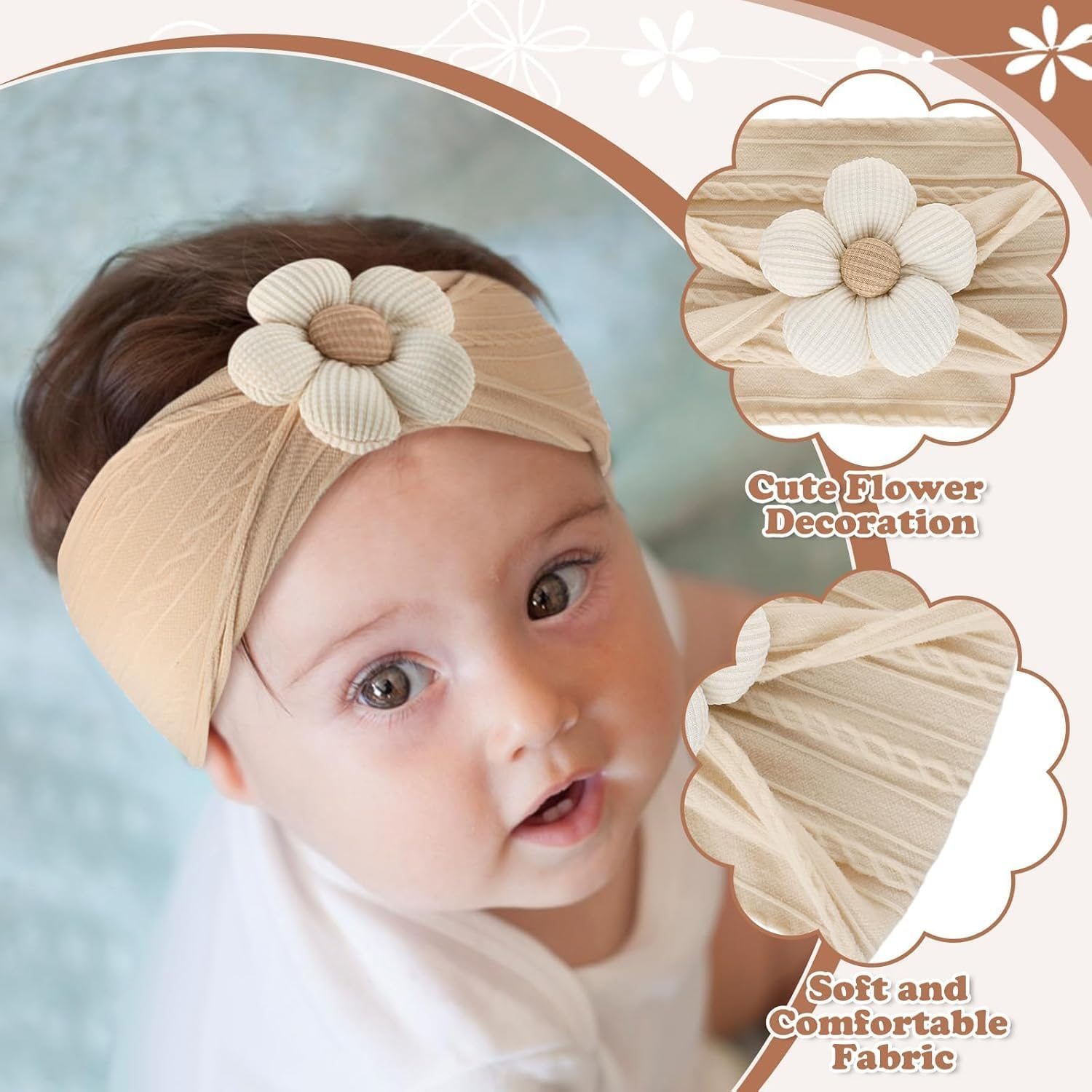 5 Pcs Baby Flower Headbands, Soft Nylon Baby Girl Headbands Flower Hair Accessories for Newborns Infant Toddler image number 1