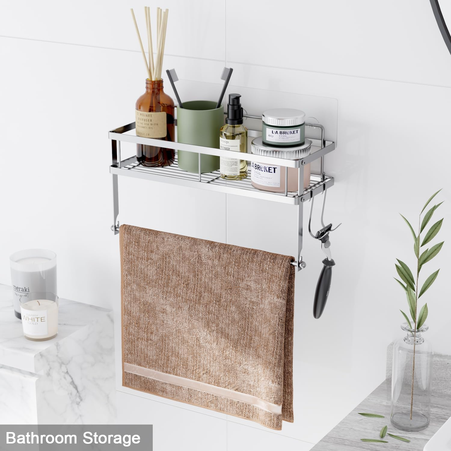 ESOW Paper Towel Holder with Shelf Storage, Adhesive Wall Mount 2-In-1 Basket Organizer for Kitchen & Bathroom, Durable Metal Wire Design, Stainless Steel 304 Brushed Nickel Finish - Brushed Nickel Finish image number 3