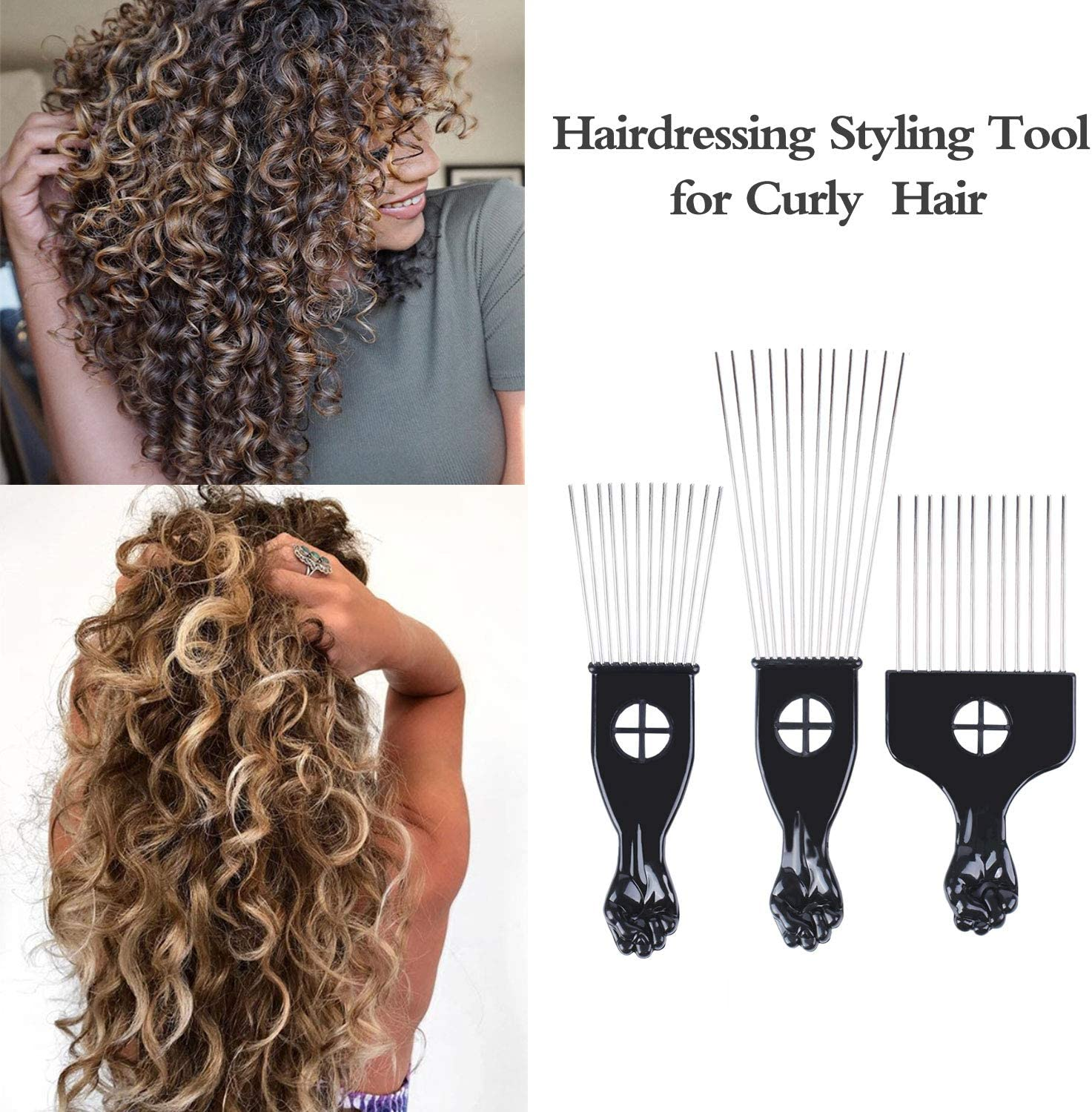 Hair Picks - Black Metal Afro Combs for Hair Styling, Fist Pick for Women and Men image number 3