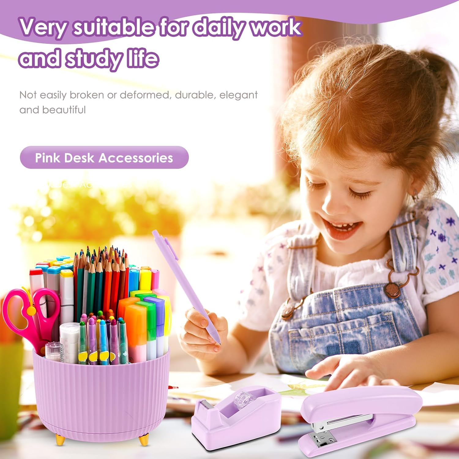 Office Supply Set, Convenient Stapler and Tape Dispenser Set, Office Supplies 360&deg;Pen Holder，Office Supplies Desk Accessories, Practical Office Supplies for Office Clerks (Purple) image number 4