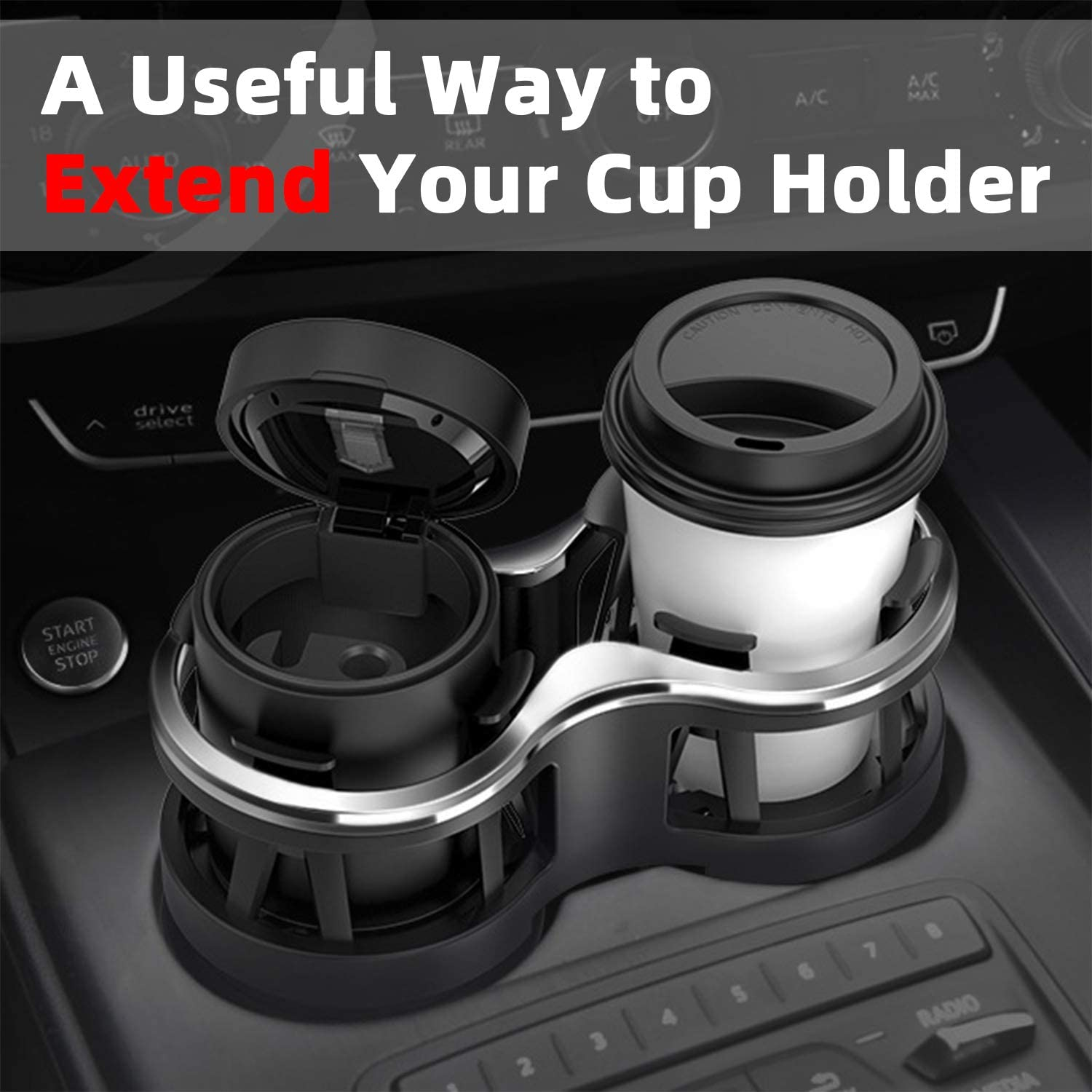Car Cup Holder Extender with Adjustable Mounting Base - Cup Slot 1-2 Splitter Expander Organizer Fits Vehicle Boat Truck RV Holds Standard Drinks Water Bottles image number 2