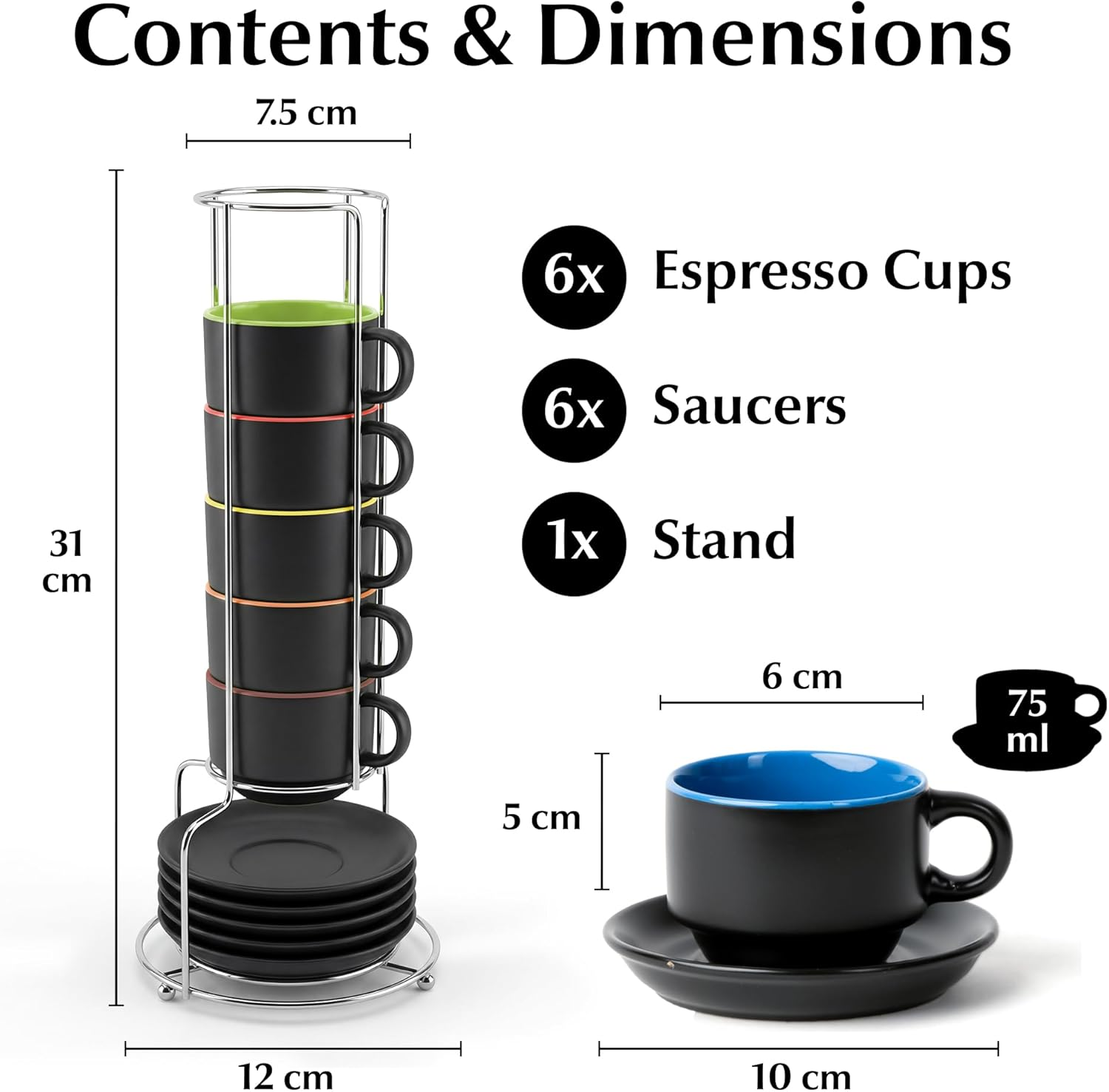 MIAMIO - 75 Ml Espresso Cup Set with Saucers Coffee Mug Set of 6 - Ceramic Coffee Mug Stackable Espresso Mug with Stand for Coffee Drinks, Latte, Cafe Mocha - Le Papillon Collection (Colorful) - Colorful image number 3