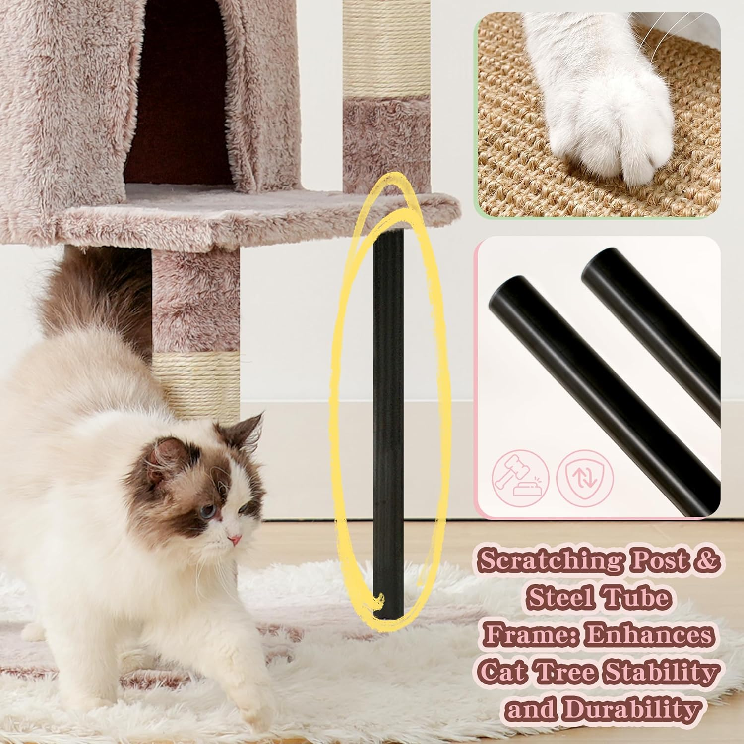 Heybly Cat Tree, 125Cm Cat Tower for Indoor Cats, Spacious Cat House Condo with Hidden Space，Sturdy Steel Tube，Soft Plush Top Perch，Cozy Hammock and Sisal Scratching Posts, Muchroom HCT200SMU
