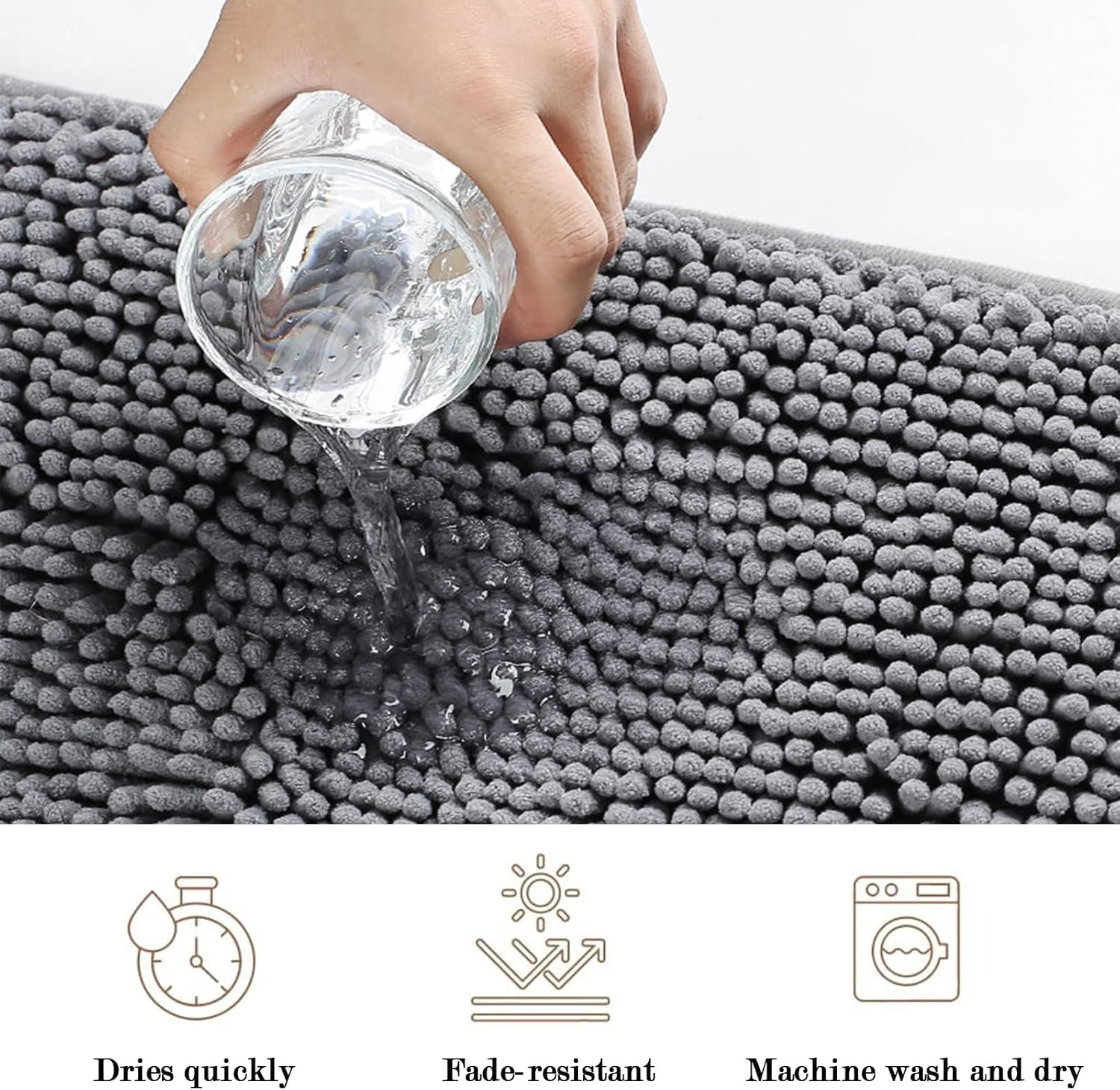 Bathroom Mat,Bathroom Rugs Sets 3 Piece,Soft Absorbent Chenille Bath Mat with 24 Piece Bathtub Non Slip Stickers,U-Shaped Contour Toilet Rug,Bath Mats for Bathroom,Tub,Grey image number 5