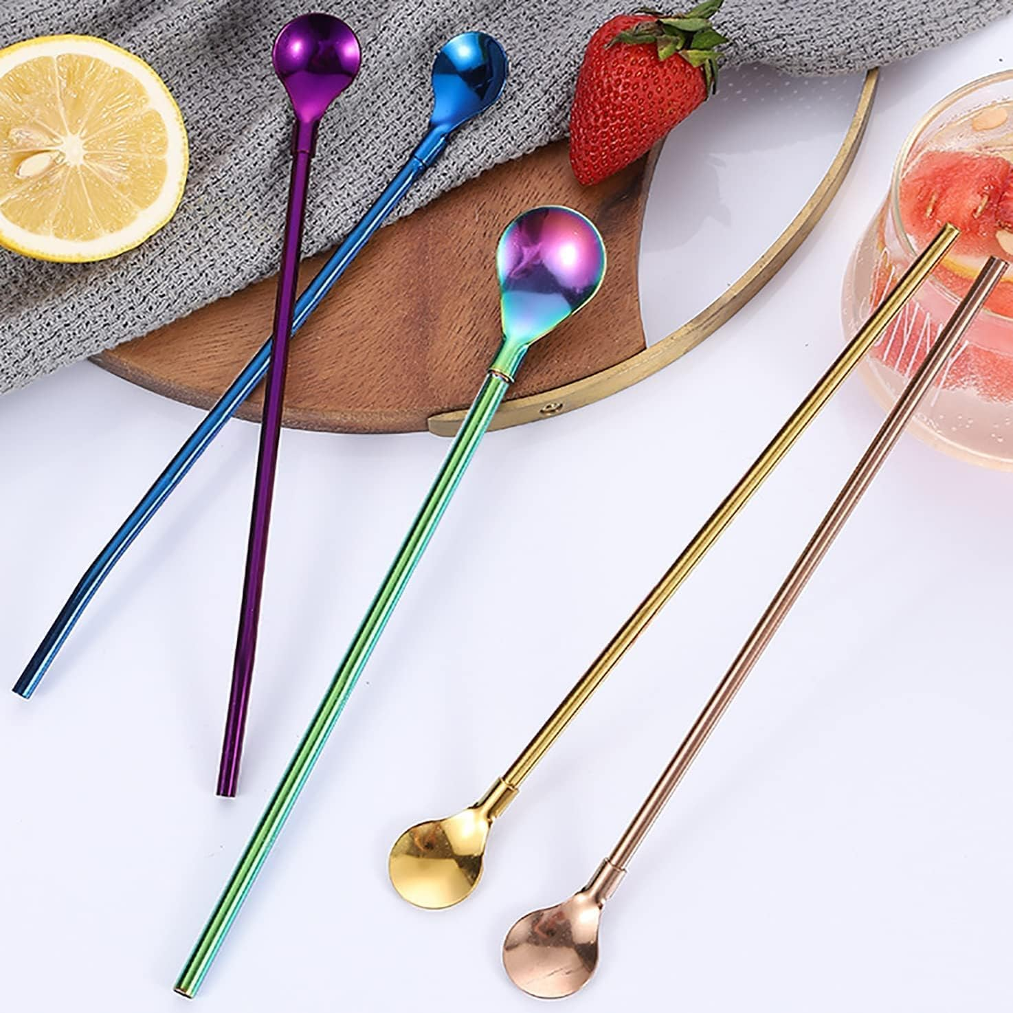 Betterjonny 14Pcs Stainless Steel Drinking Spoon Straws - 2 in 1 Long Handle Reusable Straws with 2 Cleaning Brushes for Latte Macchiato (7 Colors) image number 2