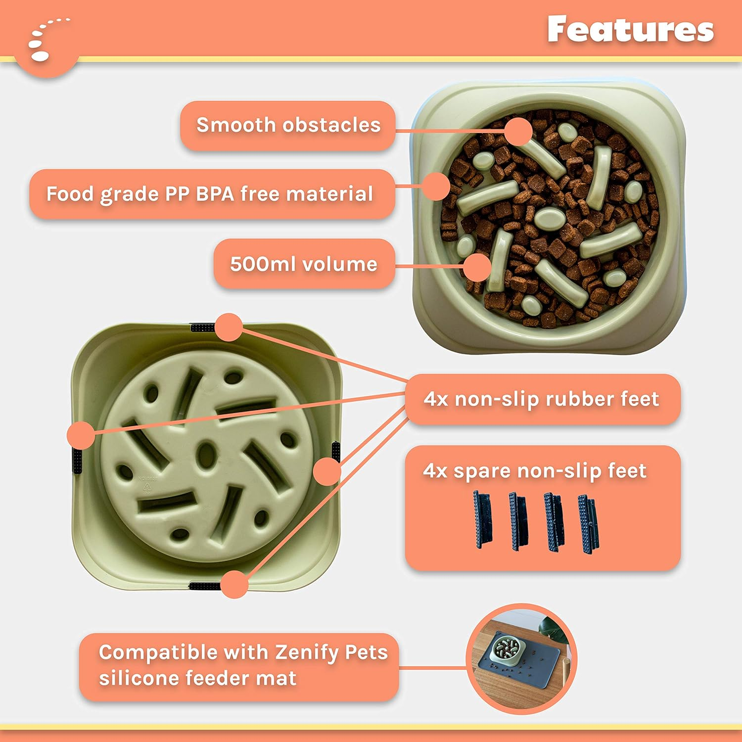 Zenify Dog Bowl Slow Feeder - Large 500Ml Healthy Eating Pet Interactive Feeder with Anti-Skid Non-Slip Base to Reduce Overeating Bloating Vomiting Obesity for Wet Dry Raw Food and Water (Light Green) image number 5