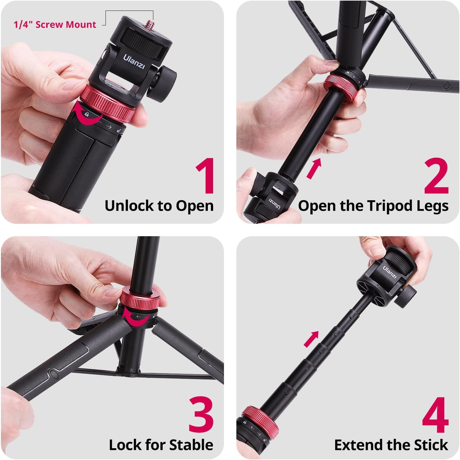 ULANZI MT-71 Tripod Selfie Stick & Vlog Handle with Magnetic Quick Release&1/4'' Screw, 150CM Extendable Lightweight Tripod Stand (7-Section) for DJI Pocket 3/Insta360 X5 X4 X3 Series/Gopro Tripod image number 1