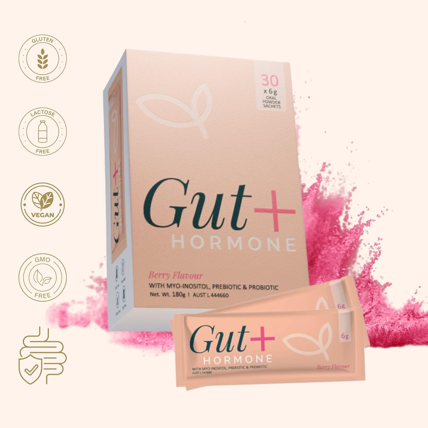 Gut + Hormone: Myoinositol + Methylated Folate + Vit D3 + Preboitic + Probiotic Metabolic & Digestive Health-Reproductive Hormone Support-Immune & Microbiome 30 X 6G Berry Flavoured Sachets image number 2