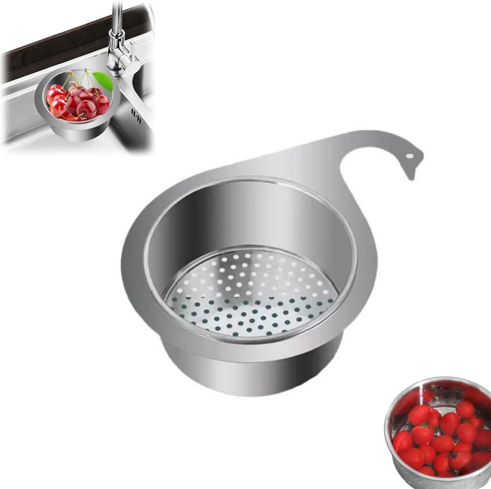 1Pcs Stainless Steel Sink Drain Strainer Basket, 2024 New Multifunction Hanging Sink Strainer Colander Drain Basket, Kitchen Sink Food Waste Filter and Vegetables Fruits Clean,Corner Sink Strainer
