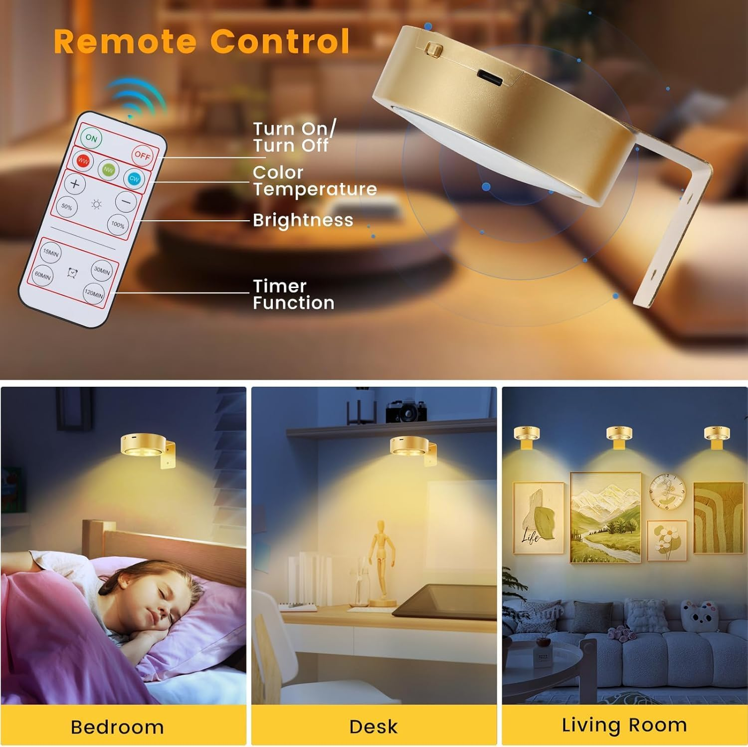 3PCS Battery Operated Picture Light, Wireless Picture Lights for Wall Rechargeable, Remote and Dimmable Timer Art Display Light for Picture Artworking Frame Portrait, Wall Decor Puck Lights (Gold) - Black image number 1