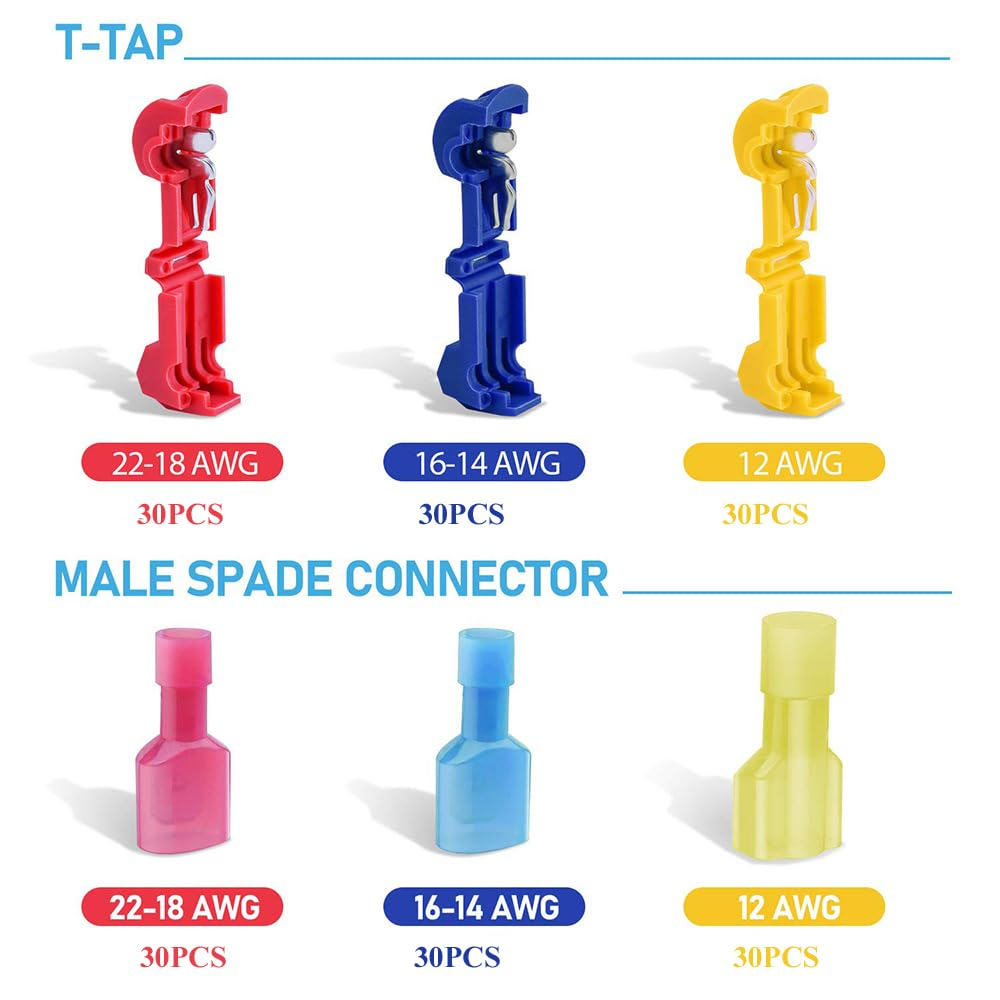 180PCS T Tap Wire Connectors Male Spade Terminals with Crimper,90Pairs Auto Quick Splice Electrical Wire Insulated Quick Disconnect Assortment Kit, AWG 22-18, AWG 18-14,AWG 12-10 image number 6