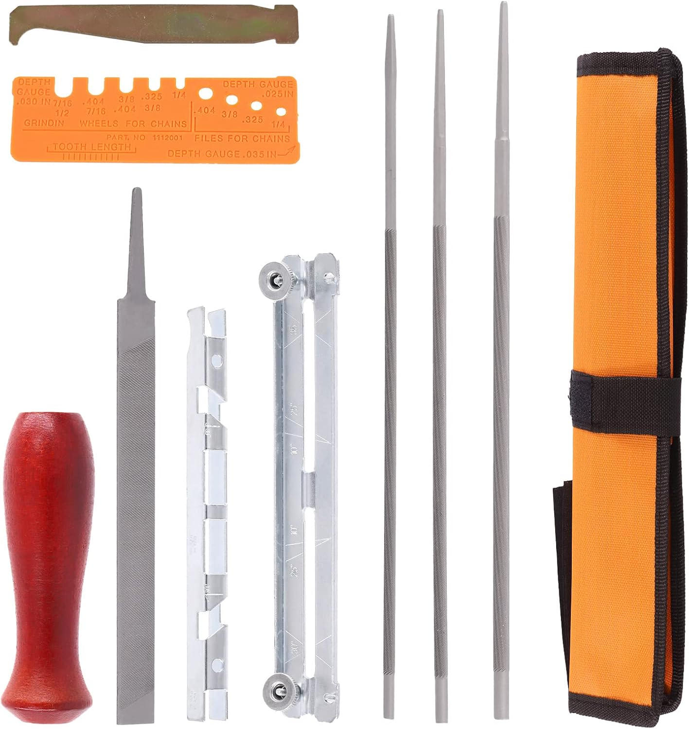 Swpeet 10Pcs Chainsaw Sharpener File Kit, round Files of 5/32, 3/16, 7/32 Inch, Flat File, Blade Filing Guide, Raker Tooth Depth Gauge, Wood Handle and Tool Pouch for Sharpen Chain Saw Teeth Blade image number 3