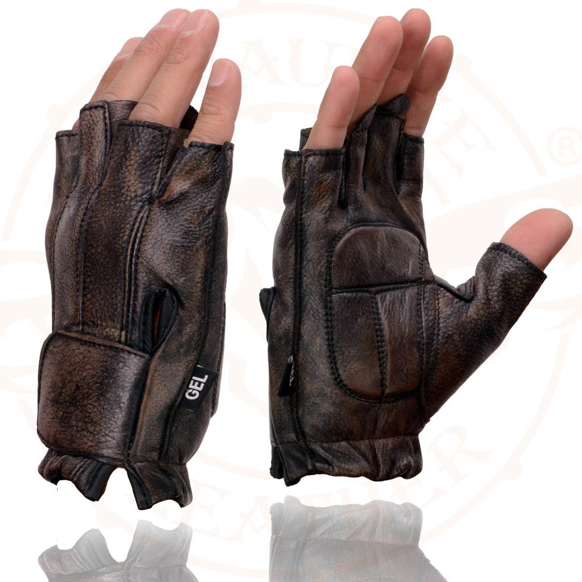Men'S Distressed Brown Fingerless Gloves W/ Gel Palm image number 2
