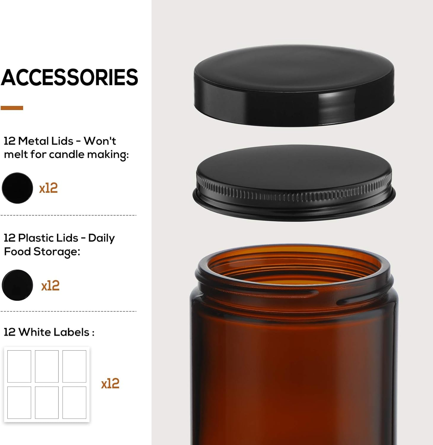 12 Pack, 8 OZ Amber round Glass Jars with 12 Metal Lids & 12 Plastic Lids - Empty Candle Jar, Food Storage Containers, Canning Jar for Spice, Powder, Liquid, Sample - Leakproof & Dishwasher Safe image number 6