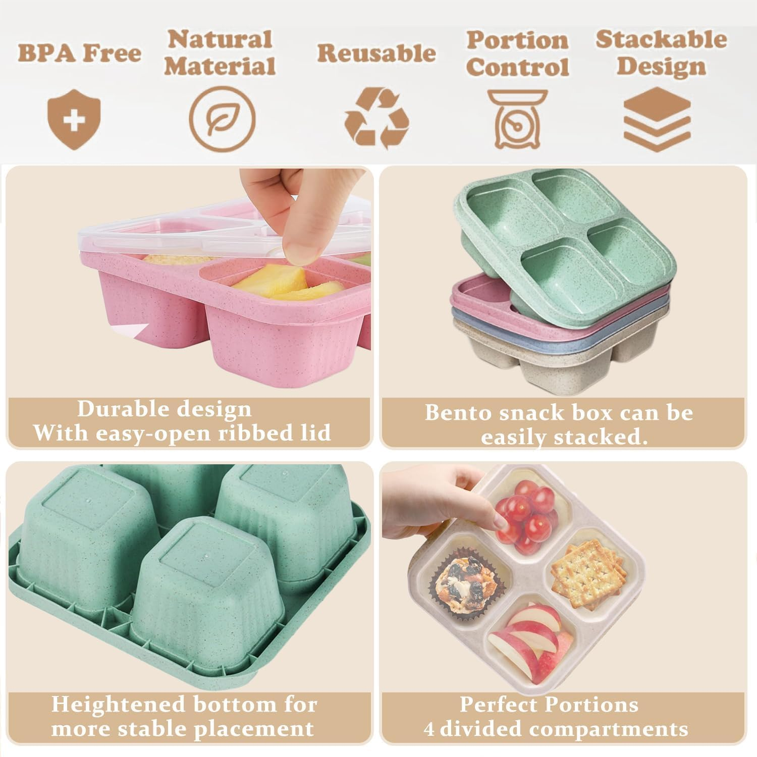 6Pack Lunch Box Divided Containers, 4 Compartment Bento Snack Boxes, Reusable Divided Lunch Box Containers for Adults, Kids, Toddlers, Travel, Work, School