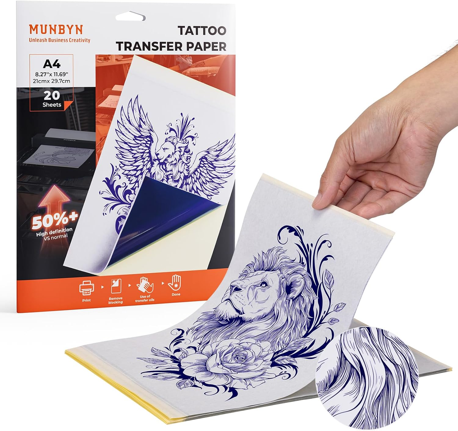 MUNBYN Premium HD Tattoo Transfer Paper 20 Sheets, A4 Size Tattoo Stencil Paper, Instant Clear Transfer, Tattoos Kit Supplies, Compatible with ITP05/ITP06/M08F/P90/MHT-P8009 Printer image number 6