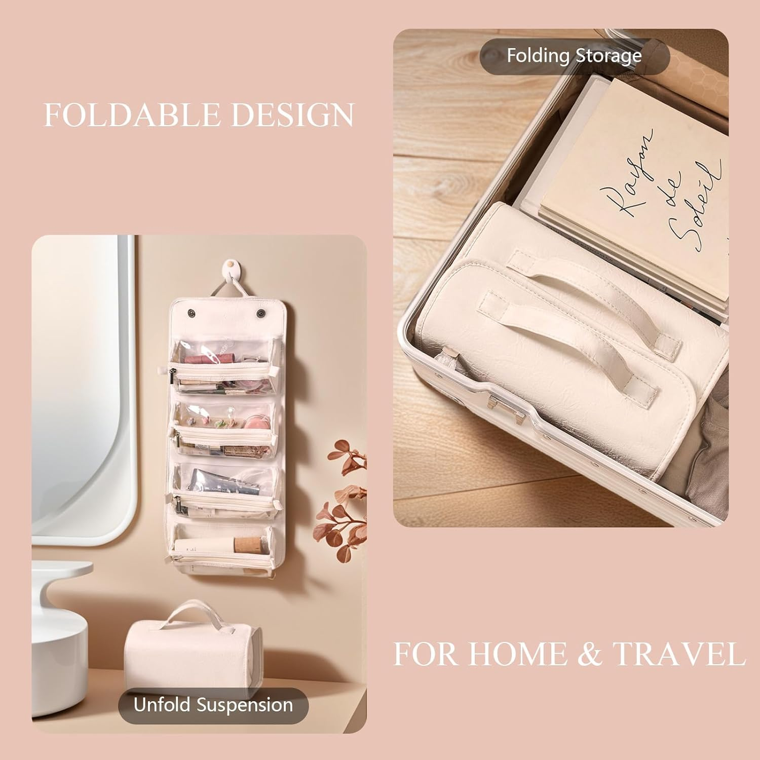 Zaciea Portable Travel Makeup Bag for Women, Foldable Cosmetic Toiletry Bag with Detachable Inner Pockets (Gray) - Black image number 6