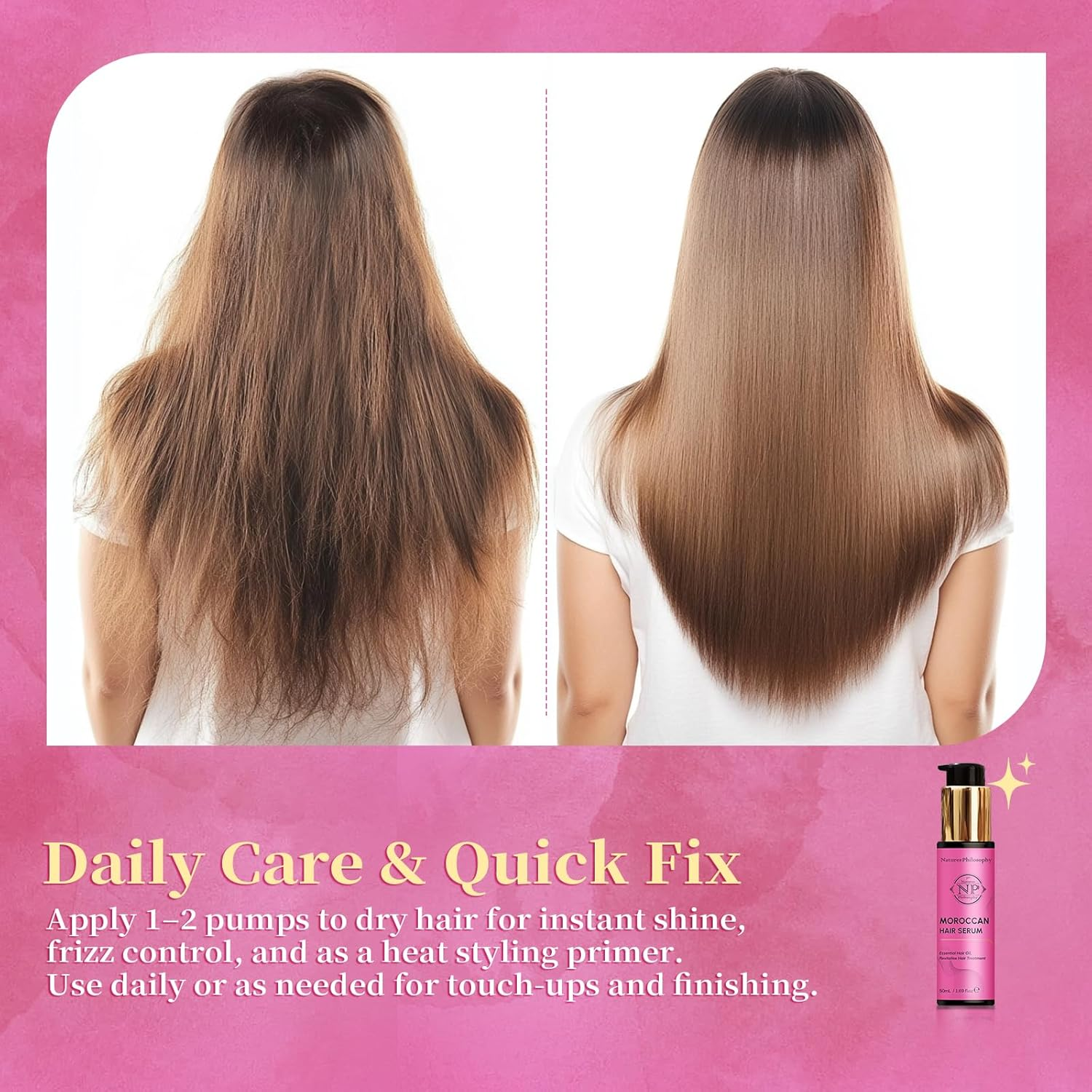 NP NATURES PHILOSOPHY Moroccan Argan Oil - Hair Serum Organic, Anti-Frizz, Repairs Damaged Hair, Adds Shine for All Hair Types Aussie Allergy-Free Moroccan Oil Hair Products 1.69 Fl Oz image number 5