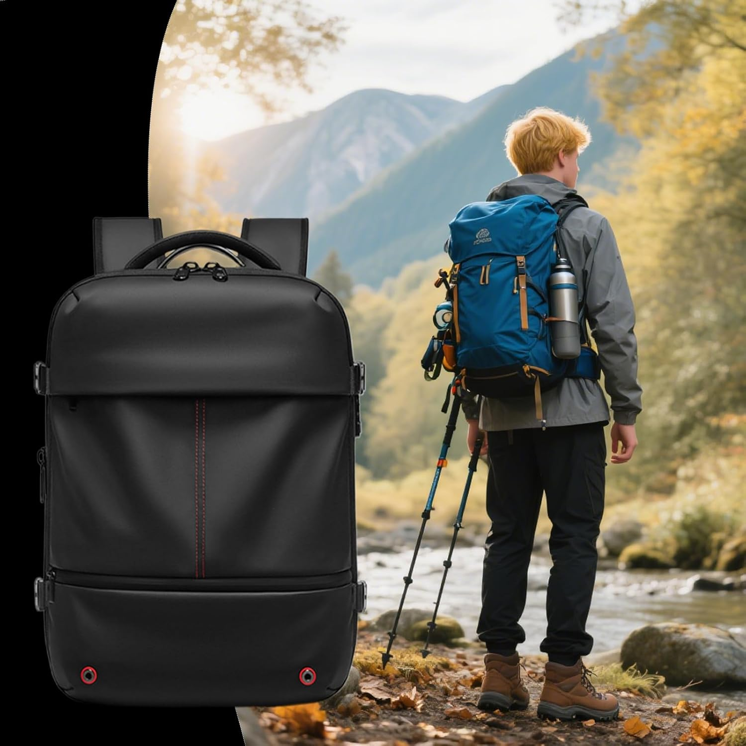 Vacuum Backpack - Travel Backpack | Carry-Ons Hand Luggage Bag | Cabin Bag | 48L Large Capacity Expandable Travel Rucksack | Laptop Bag for Business Trip Ranch Overnight Adventure Urgency image number 1