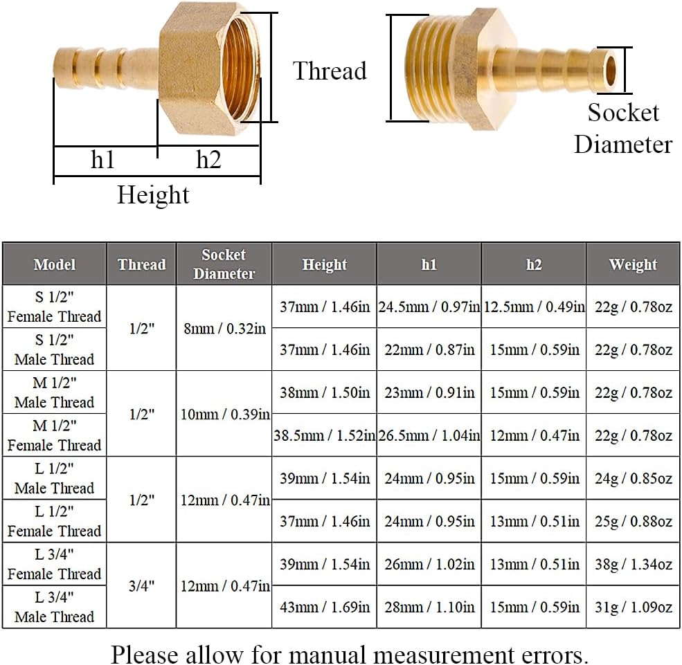 2PCS Brass Barb Hose Fitting, 1/2 Inch BSP Female Thread Barbed Tail Hose Pipe Connector Adapter, Garden Hose Coupler Joint for Fuel Air Gas Water Oil (12Mm)