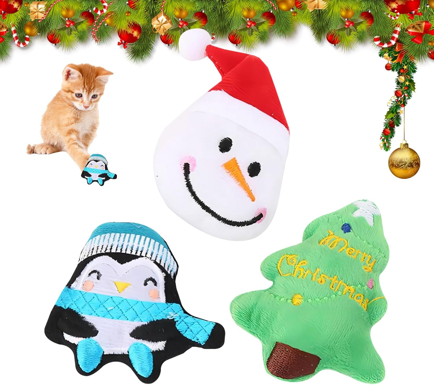 Cat Catnip Toys 3 Pieces Christmas Cat Nips Toys Santa Claus Pet Calming Toy Penguin Soft Penguin Chew Cat Toy Xmas Fluffy Interactive Kittens Toy for Cats Claw Playing Chewing Teeth Cleaning image number 3