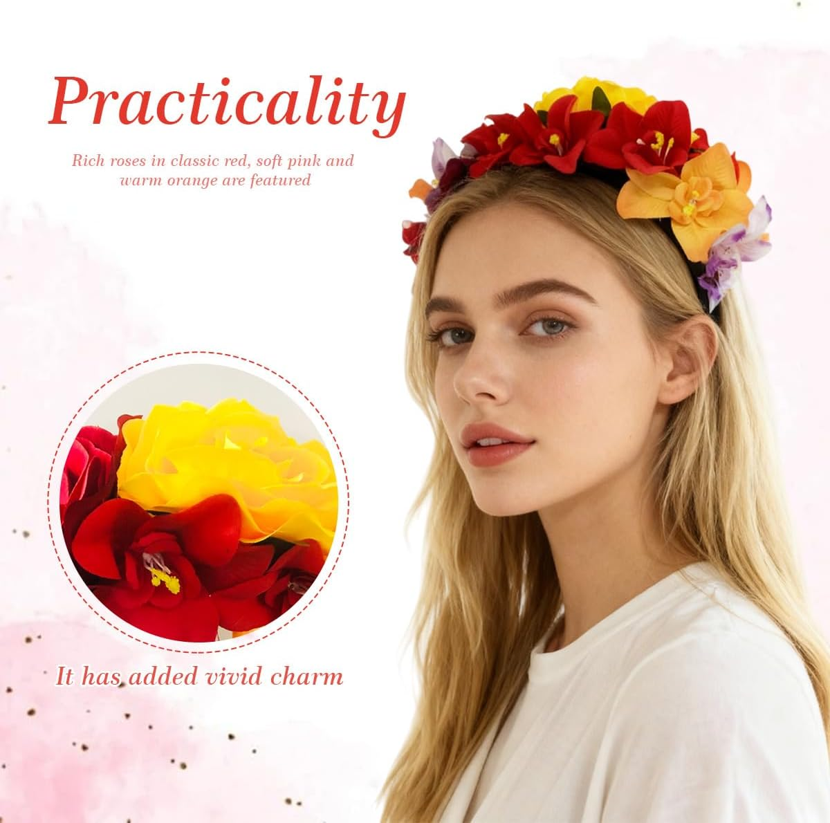 Mexican Flower Crown Headband Halloween Flower Headband Bohemia Floral Hairband Rose Flower Crown Party Costume Day of the Dead Headpiece Cosplay Hair Accessories image number 6