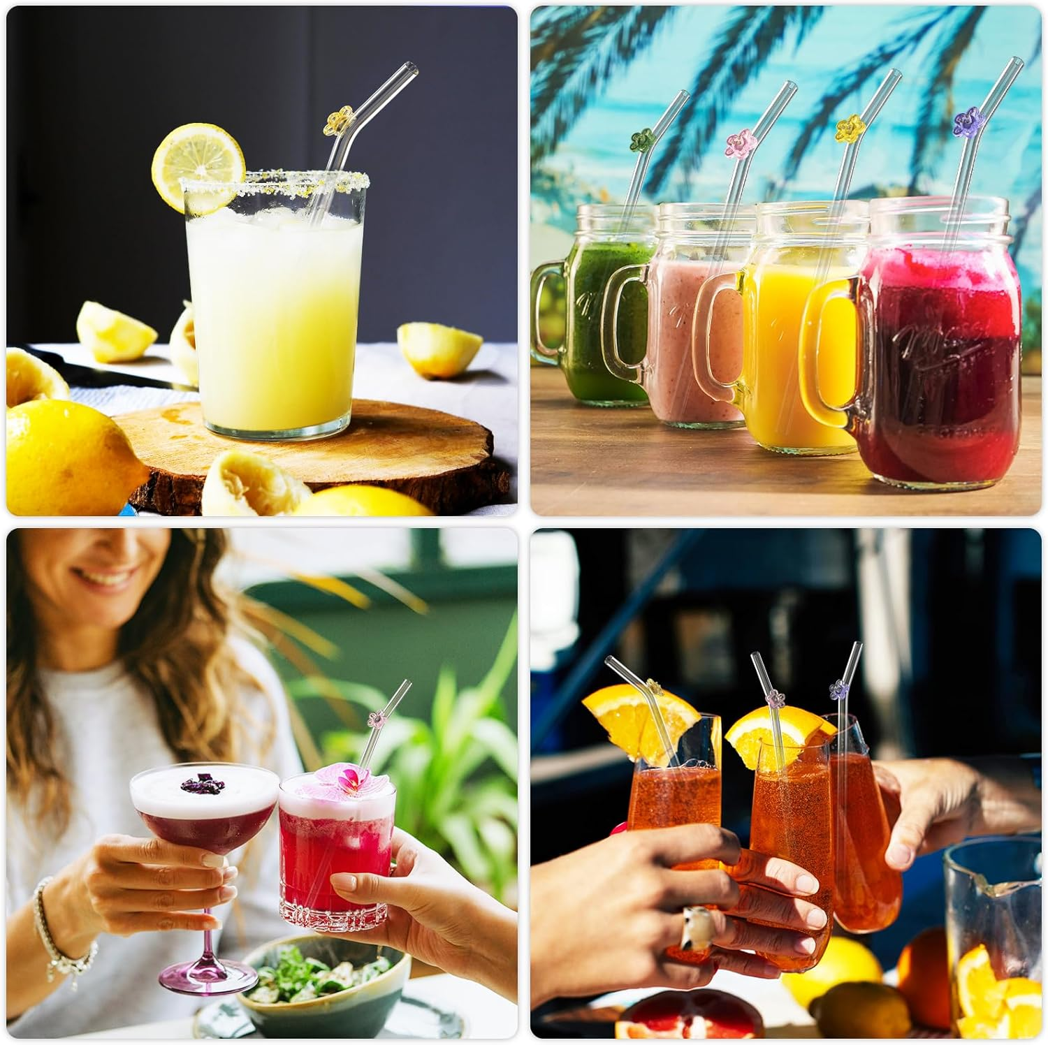 Bigqin 6 Pcs Glass Straws Reusable, Cute Clear Flower Drinking Straws with 2 Cleaning Brushes, Food Grade Reusable Straws Dishwasher Safe for Drinking Smoothies, Juices, Shakes, Cocktails