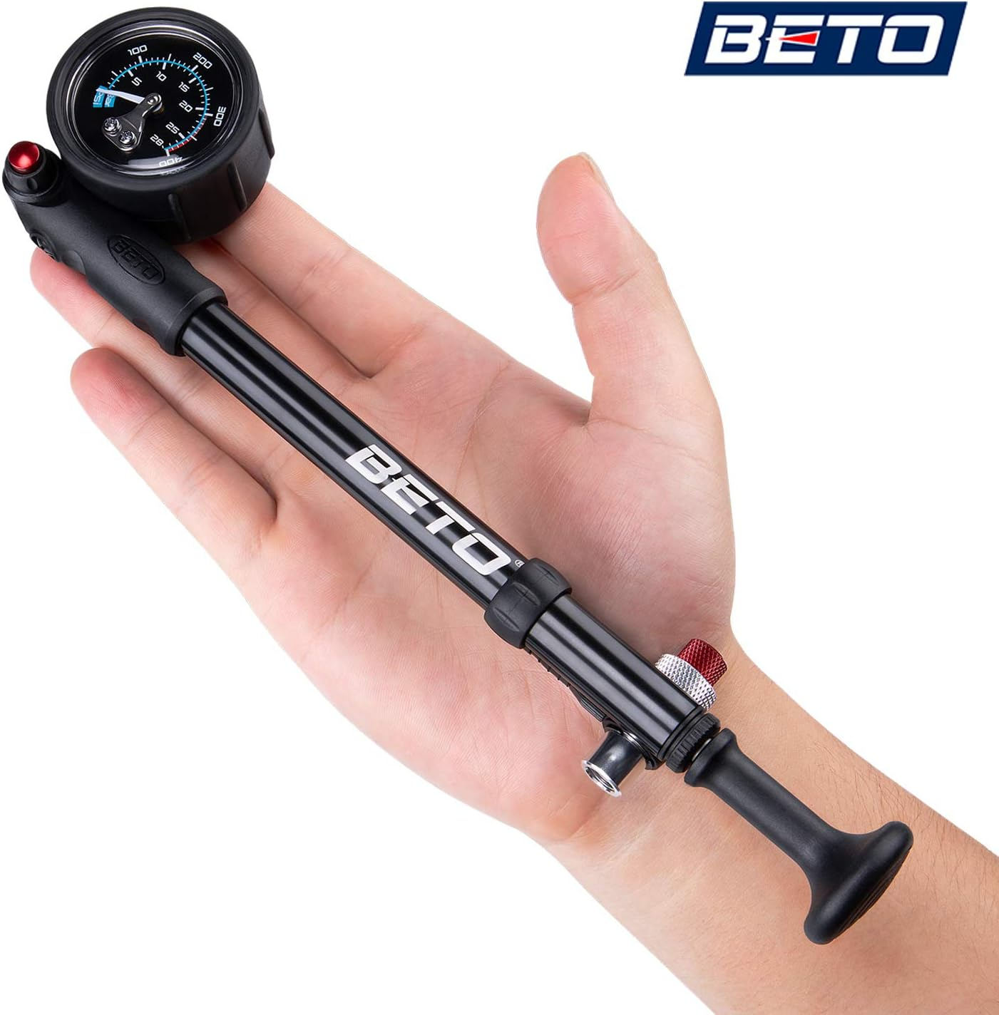 BETO High Pressure Shock Pump - (400 PSI Max) MTB Bike Shock Pump for Fork & Rear Suspension with No-Loss Schrader Valve image number 5