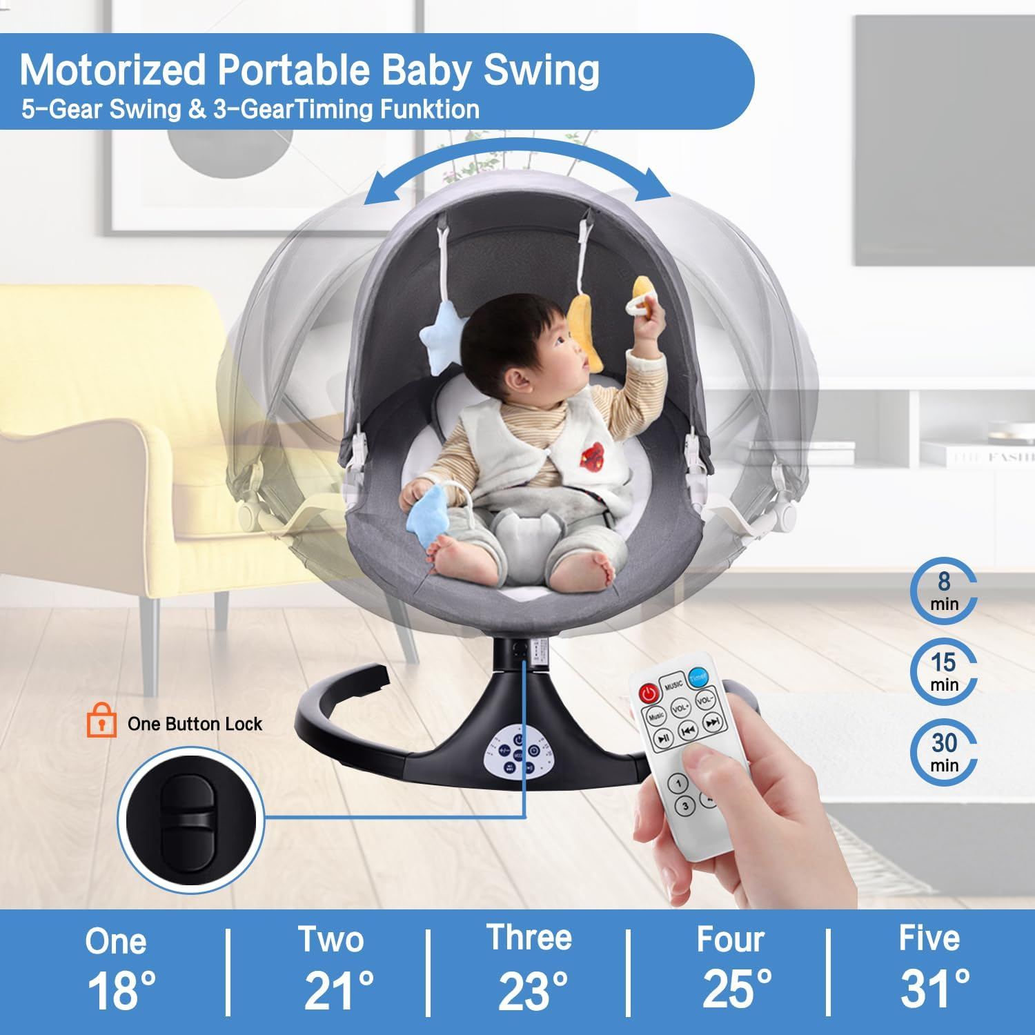 Baby Swing for Infants, Portable Baby Rocker with Tray and Remote Control 5 Speed Electric Bluetooth for 5-26 Lbs, 0-12 Months,3 Timer Settings & 10 Pre-Set Lullabies Adjustable Rocking Bouncer Chair (Light Gray)